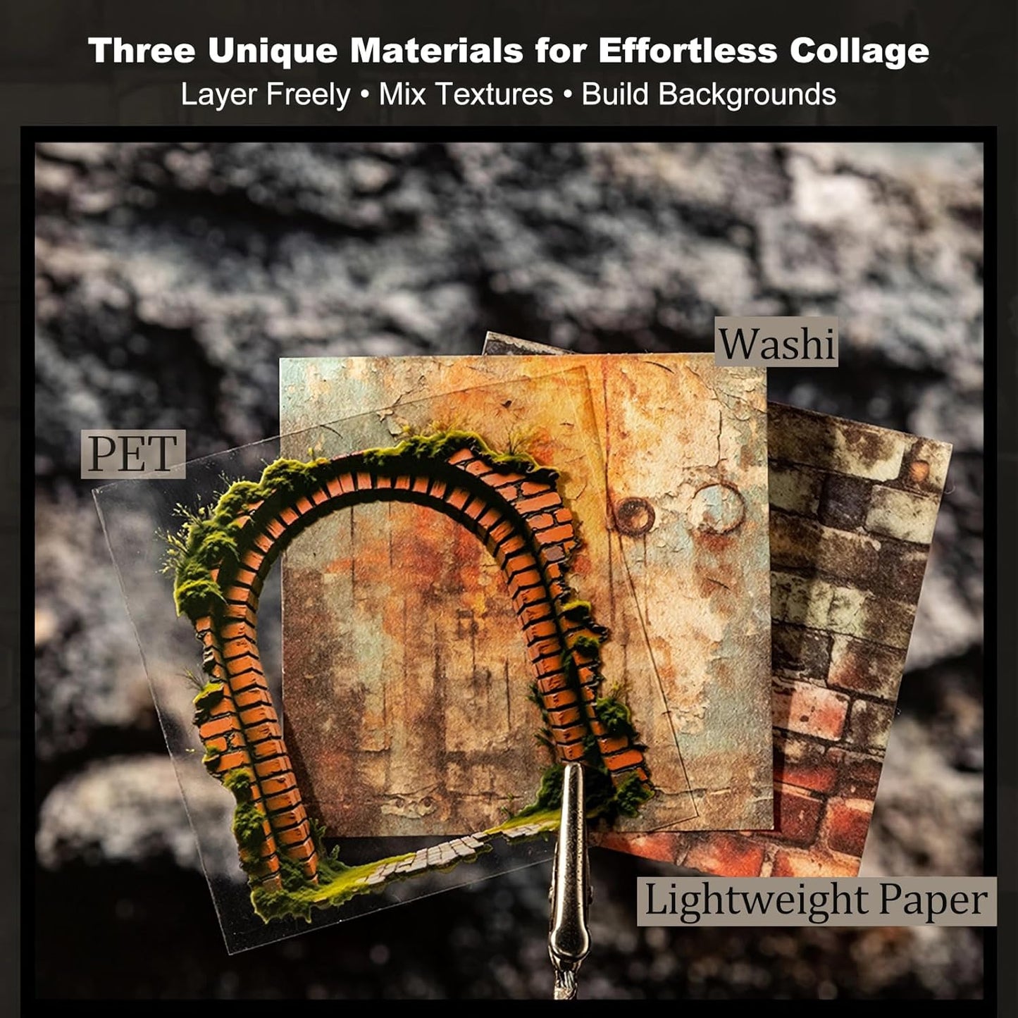 PET & Washi Sticker and Paper Kit – 180 PCS Vintage Brick Wall & Vine Ephemera for Scrapbook, Junk Journal, Collage and DIY Crafts