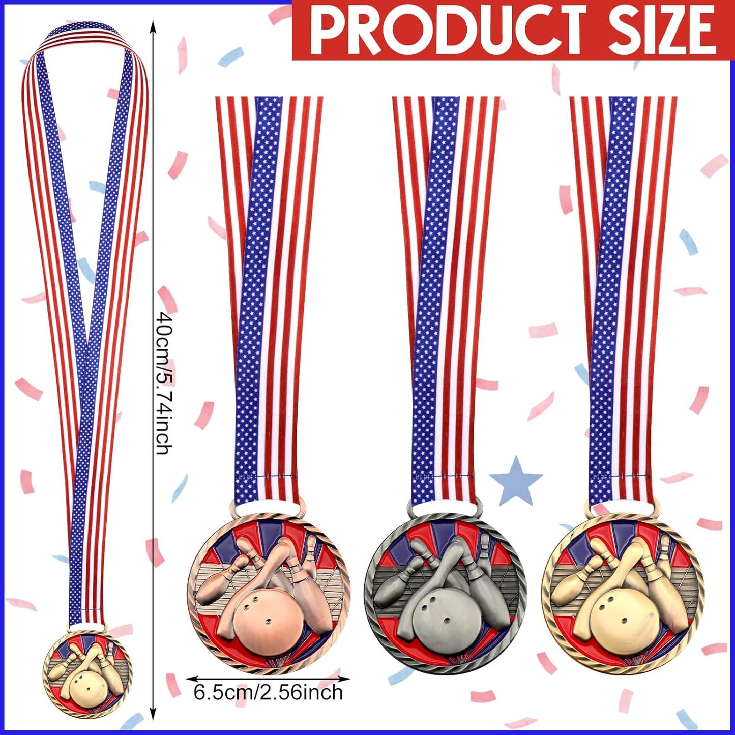3 Pcs Bowling Medal 2.5 Inch Bowling Trophy Gold Silver Bronze 1st 2nd 3rd Place Award Medals with Stars and Stripes American Flag Ribbon for Competitions, Club Celebration Souvenir Tournament