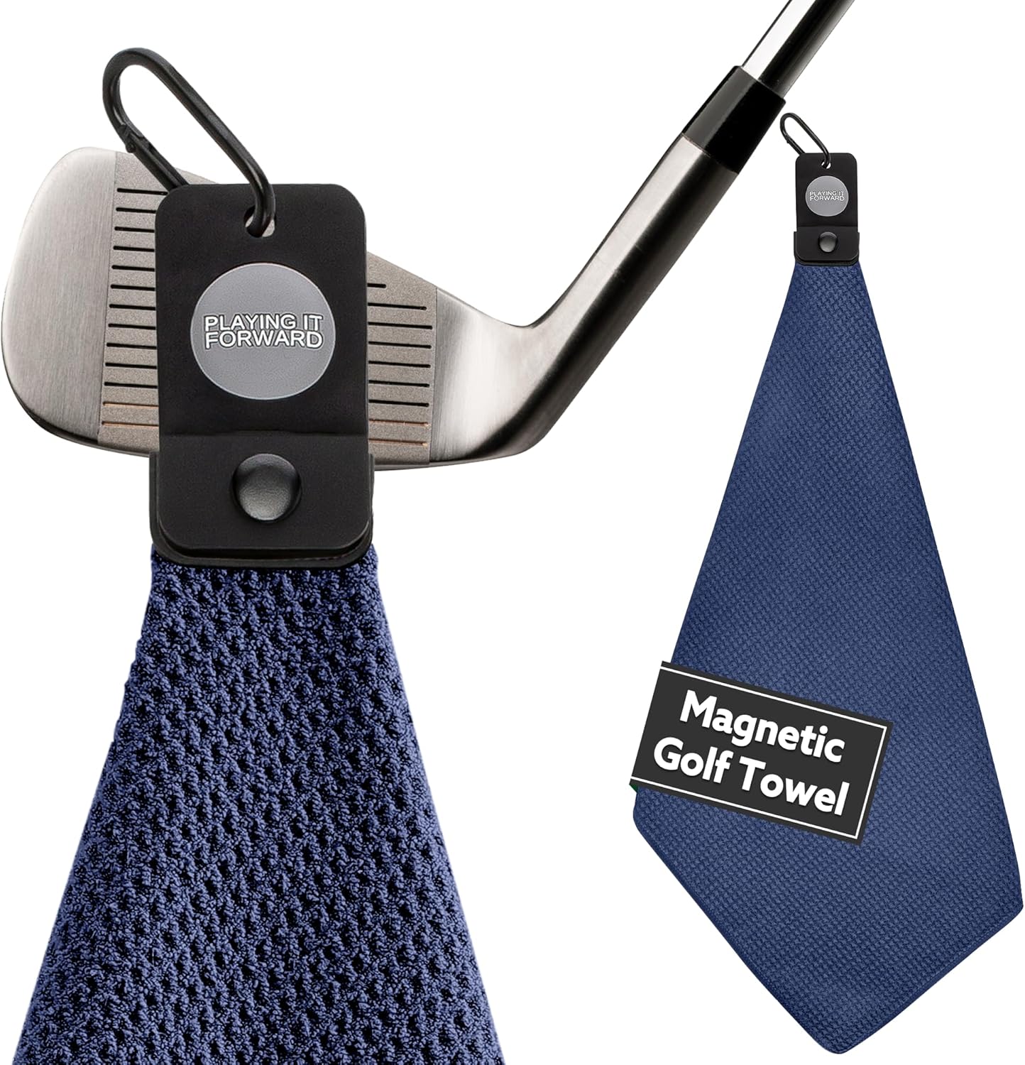 Magnetic Golf Towels for Golf Bags with Clip & Ultra Strong Magnet - Waffle Weave Microfiber Towel for Secure Hold on Bags & Carts - Ideal Club Cleaner & Accessories - Navy