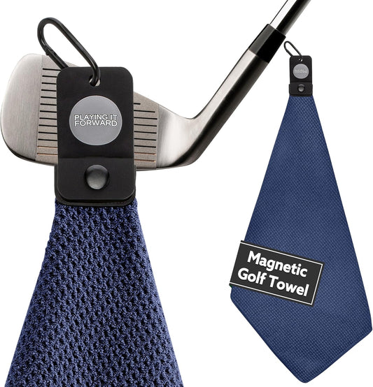 Magnetic Golf Towels for Golf Bags with Clip & Ultra Strong Magnet - Waffle Weave Microfiber Towel for Secure Hold on Bags & Carts - Ideal Club Cleaner & Accessories - Navy