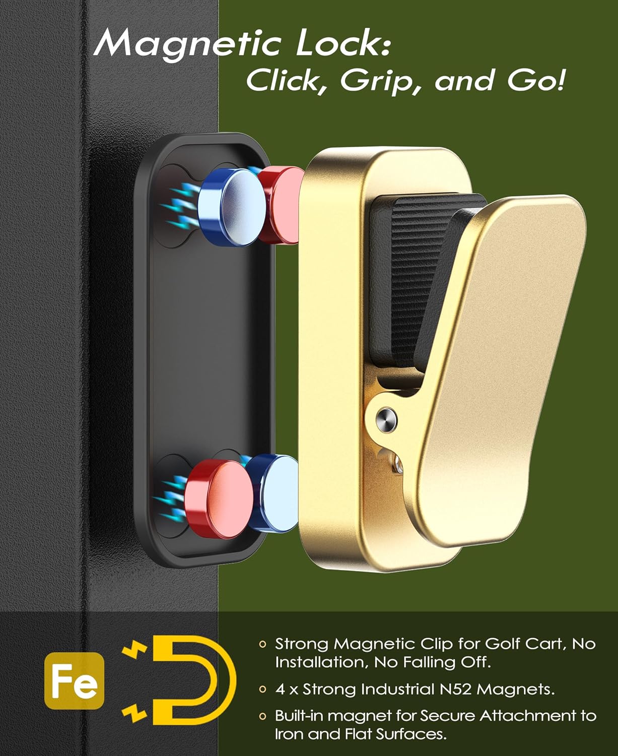 Sunglass Holder for Golf Cart, Magnetic Aluminium Sunglass Holder Clip Accessory for Golf Carts, Silicone Padded Eyeglass Clip Universal Fit with Gift Storage Bag