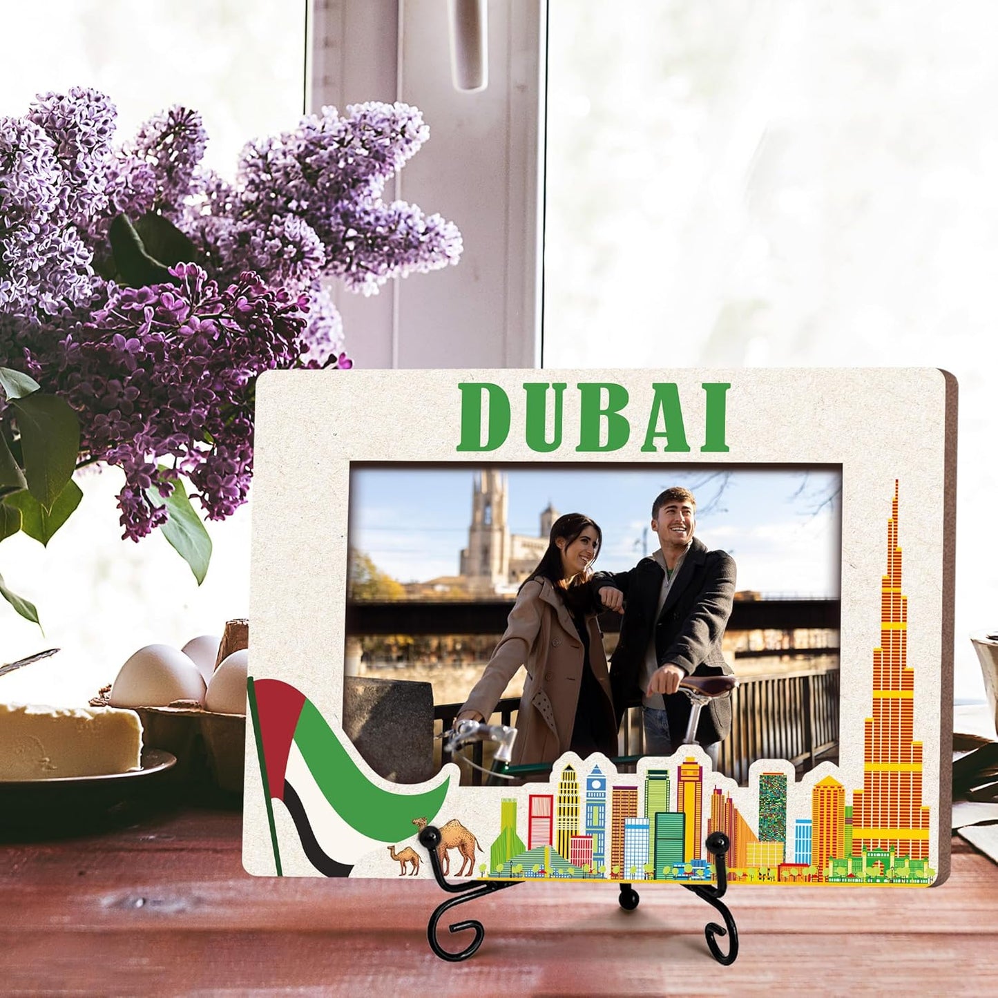 Dubai Travel Picture Frame, 5 x 8 Dubai Themed Wooden Photo Frame with Stand, Vacation Anniversary Honeymoon Gifts For Friend Family Couples, Home Office Desk Decorations-A18
