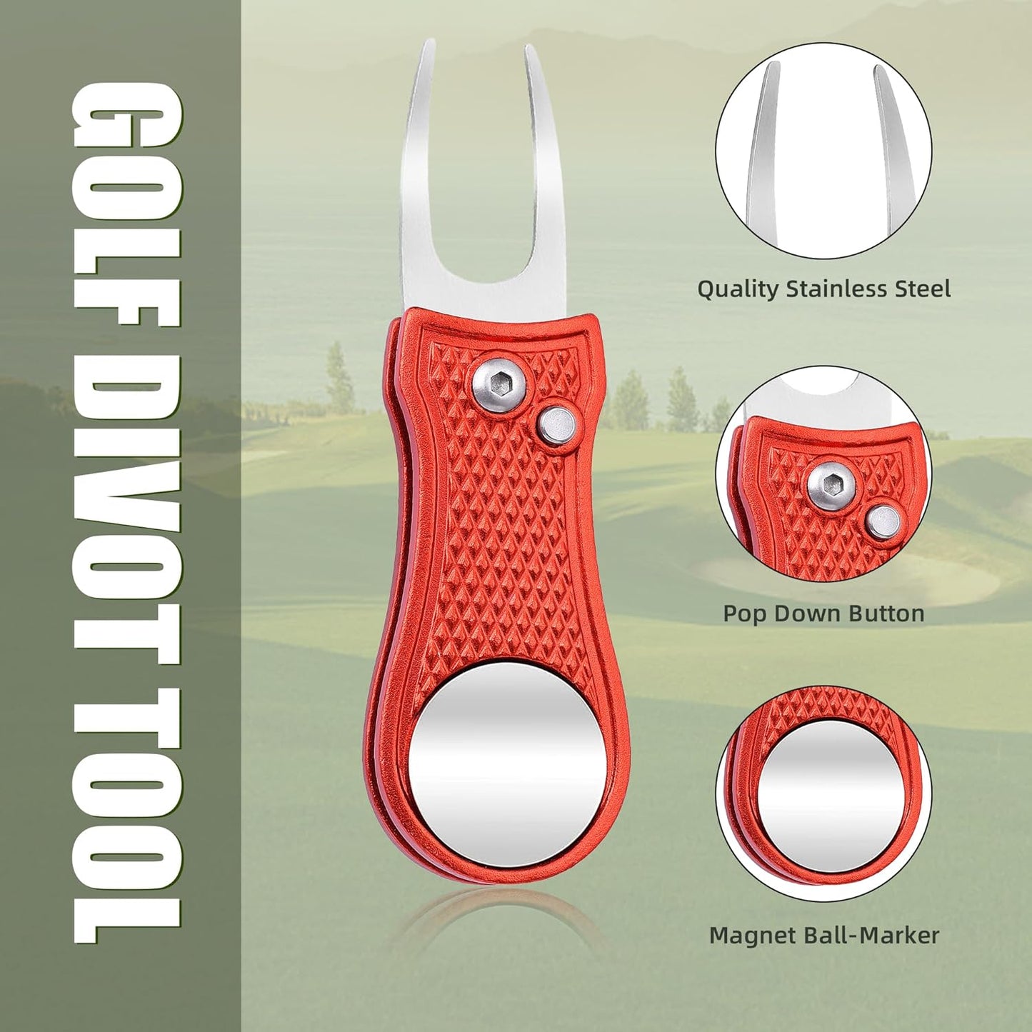 Mile High Life Golf Divot Repair Tool, All Metal Foldable Divot Tool with Pop-up Button & Magnetic Ball Marker