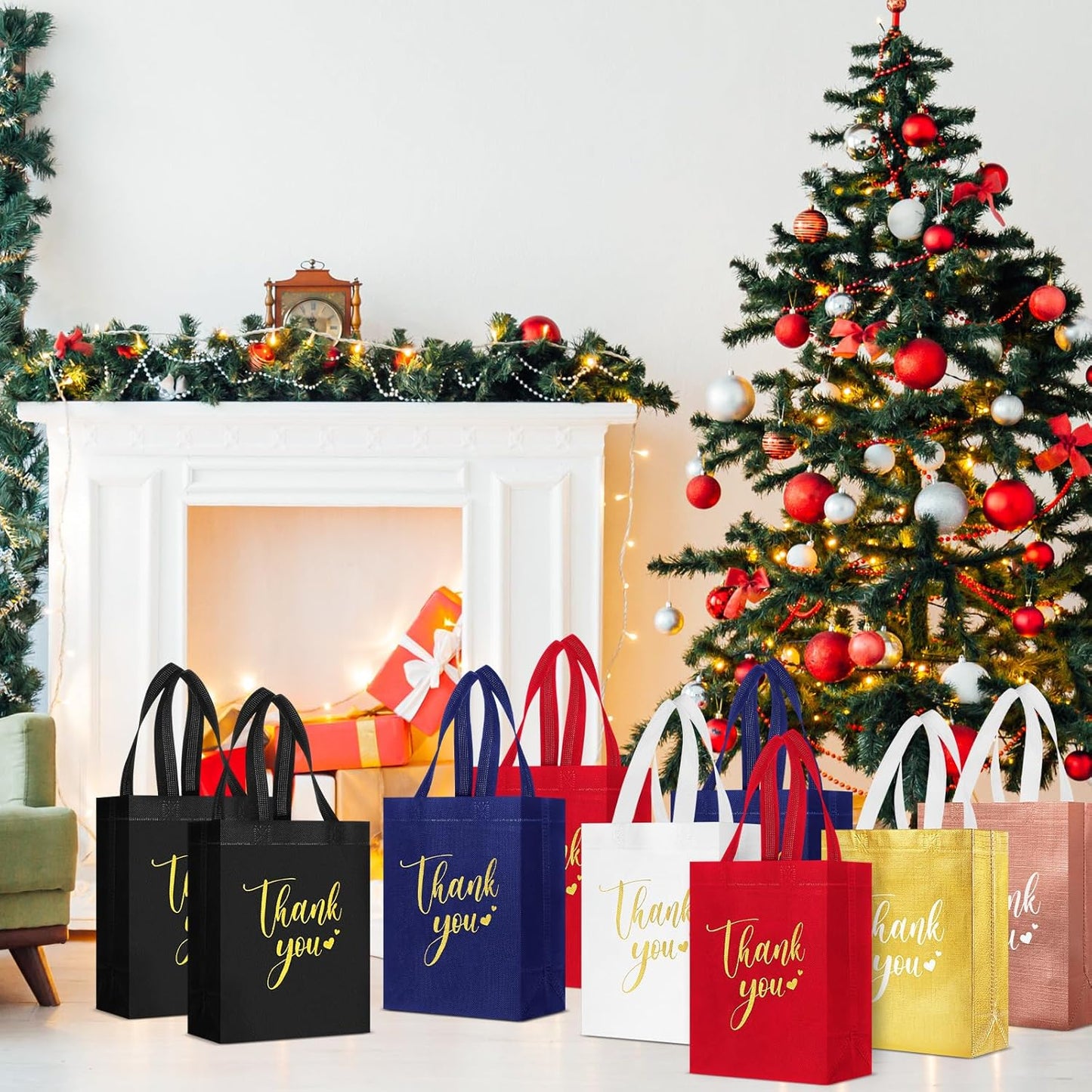 Sweetude 30 Pcs Thank You Gift Bags with Handles Bulk Reusable Goodie Bag Non Woven Foldable Handbag for Graduation Wedding Bridesmaid Gifts(10 x 8 x 4 Inch,Multicolor)