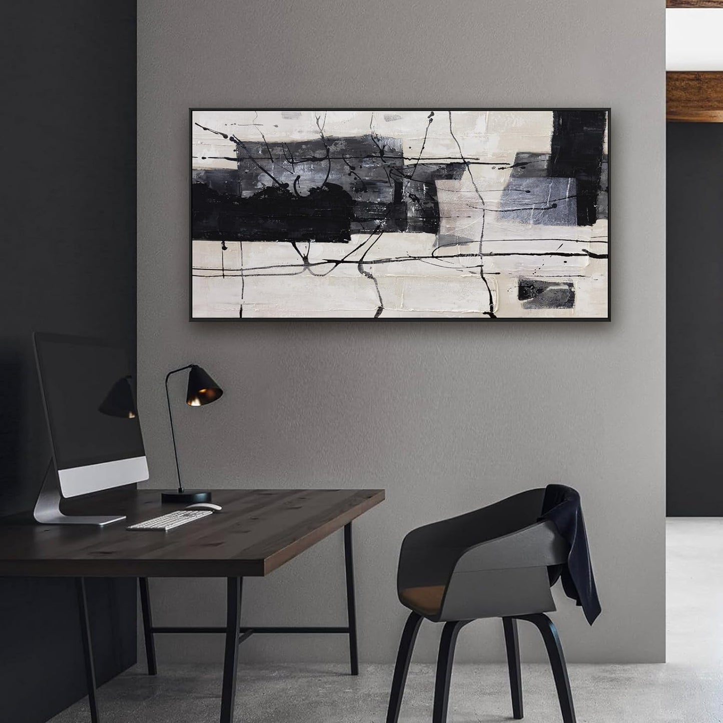 Black And White Abstract Wall Art Small Size Framed Home Artwork Decor Modern Minimalist Canvas Painting Living Room Decor For Bedroom Office Wall Decor 20"X40"