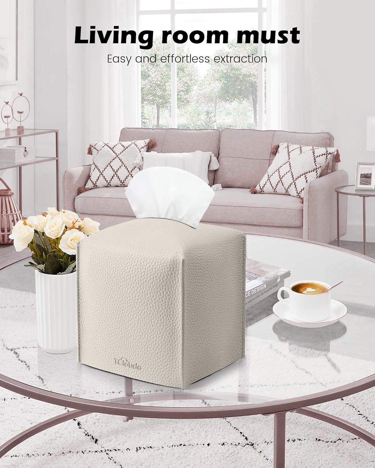 Tissue Box Cover for PU Leather, Modern Simple Solid Color Holder Square Tissue Bag, Ideal for Bathrooms,Office,Car,Outdoor Tent,Dining Table,5"X5"X5", Single Off-White