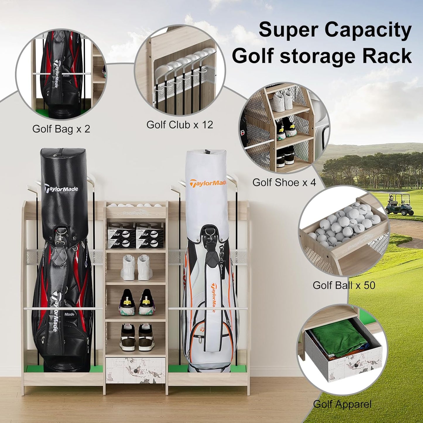 Golf Bag Storage Organizer for Garage, Premium Wooden 2 Golf Bags Rack with Drawer, Easy Assemble Golf Club Stand/Holder Suitable for Garage Home Simulator and Office
