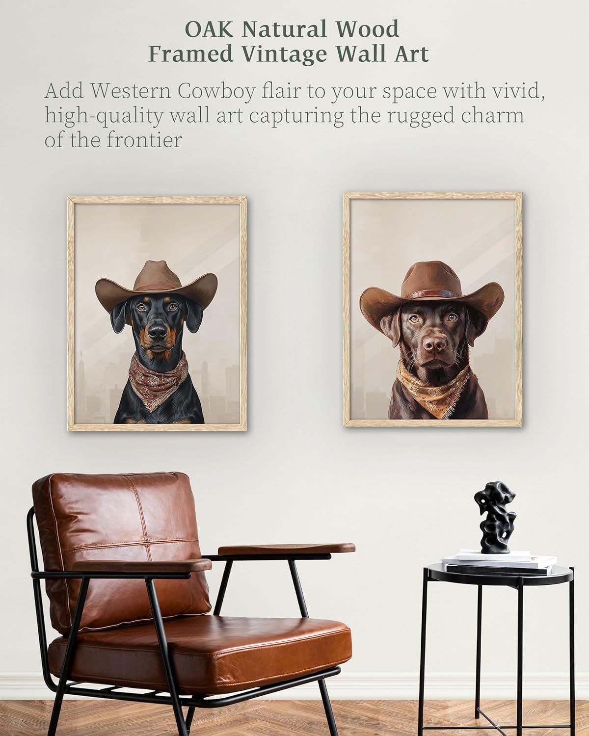 iHery Natural OAK Wood Doberman Dog Cowgirl Hat Framed Wall Art, 12x16 in Doberman Neutral Western Trendy Canvas Wall Art Decor For Bedroom, Funky Cute Dog Prints Bathroom Living Room Set of 1