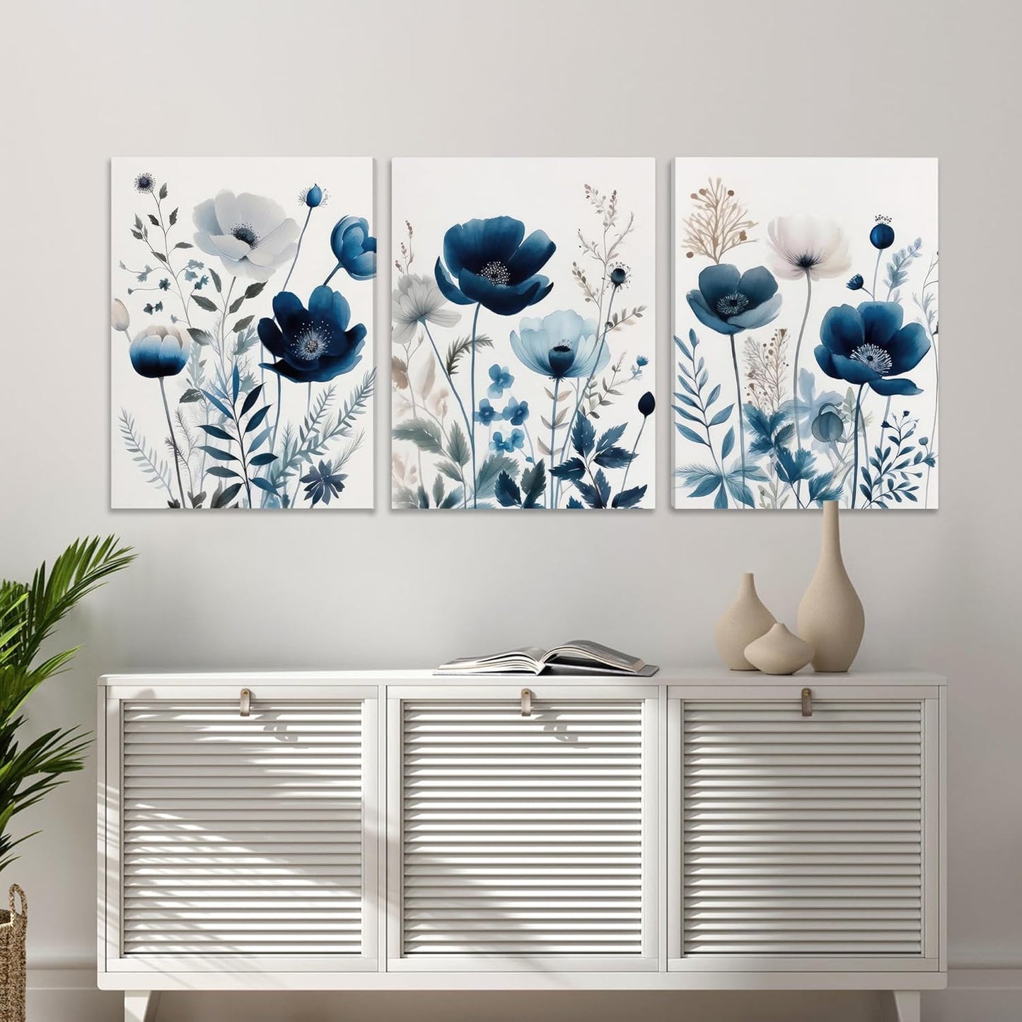 DUWQU 3 Pcs Blue Floral Canvas Wall Art, Elegant Navy Blue Wildflower Lily Daisy Art Wall Decor, Watercolor Botanical Flower Home Poster Art Prints for Living Room Bedroom Bathroom 12×16 Inches