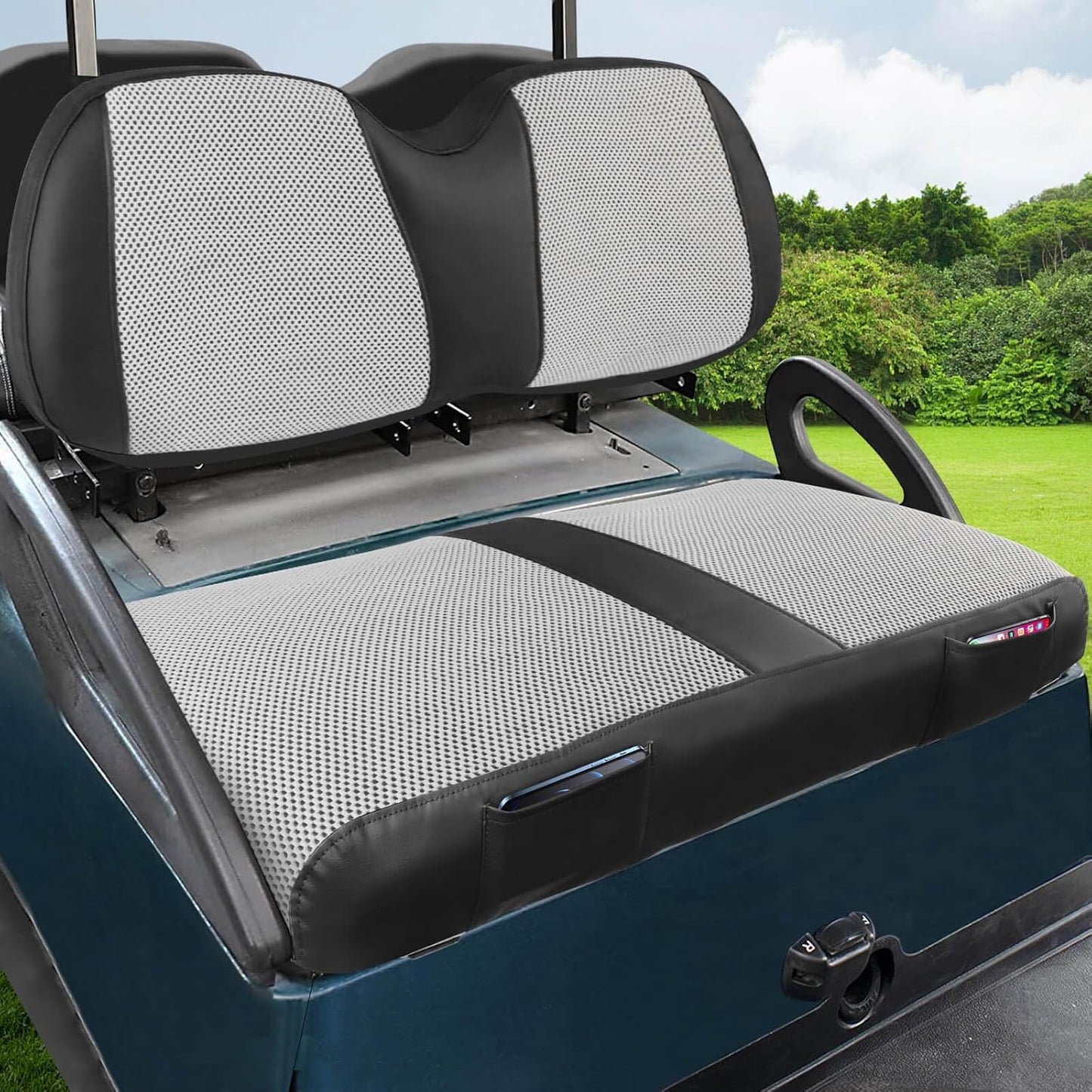 MOSNAI Club Car Precedent Seat Covers, Golf Cart Seat Covers for Club Car Precedent OEM Ordinary Seat, Breathable Polyester Mesh Cloth and Leather Combination Appearance, No Need Detaching Armrests