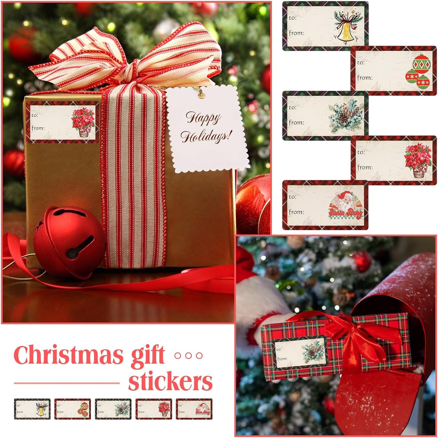 Outus 500 Pieces Christmas Tags Self Adhesive Gift Tags for Xmas Presents Christmas Name Labels Stickers for Wrapping Paper Festival Birthday Holiday Decor(Plaid Style,2.76 x 1.57 Inch)