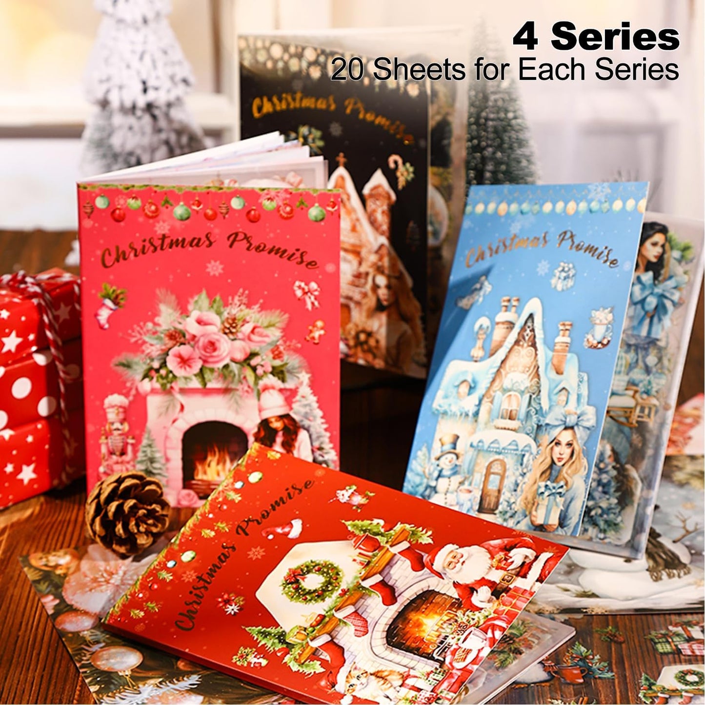 4-Pack Christmas PET & Washi Sticker Book Set – 80 Sheets of Festive Pre-Cut Stickers for Scrapbooking, Journaling, DIY Crafts, and Holiday Gift Wrapping