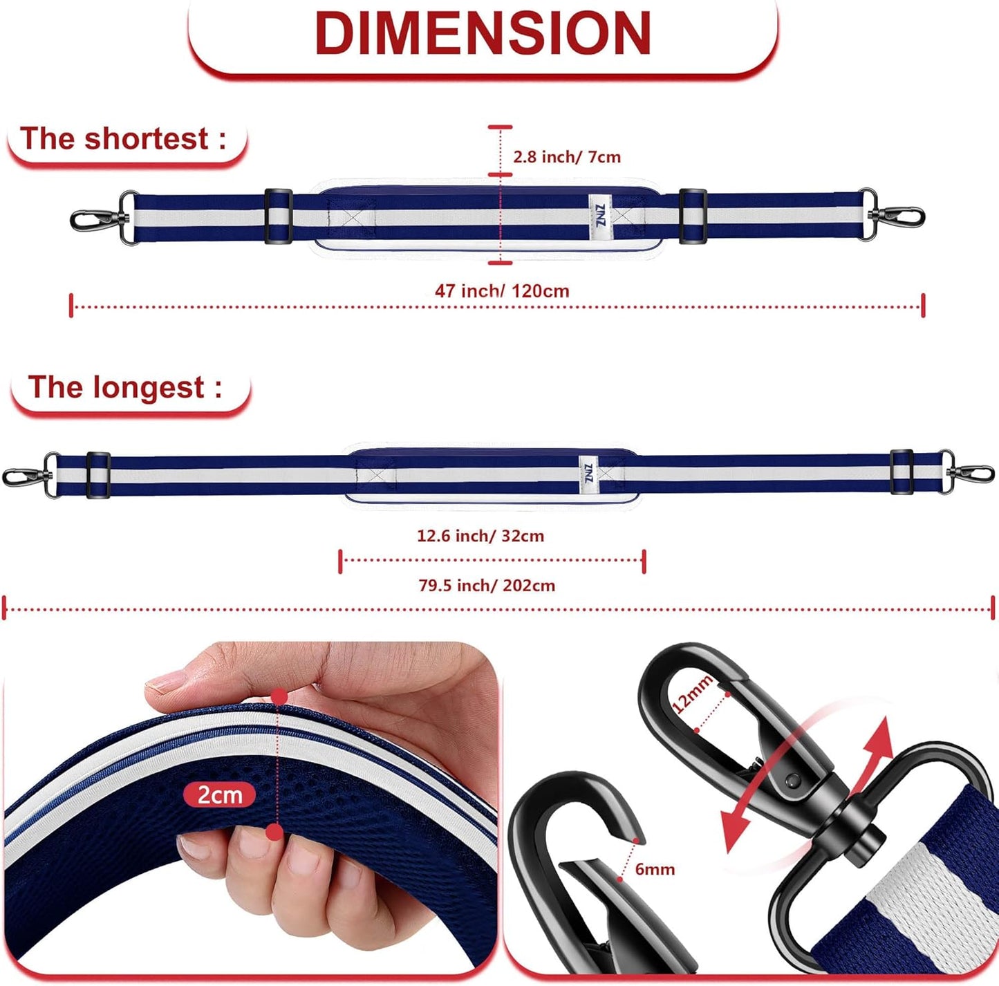 ZINZ 79.5" Universal Strap with Ultra-Thick Fixed Breathable Pad - Adjustable Heavy-Duty Shoulder Strap for Laptop, Crossbody, Luggage, Gym, Camera Bag and More - TW01B06