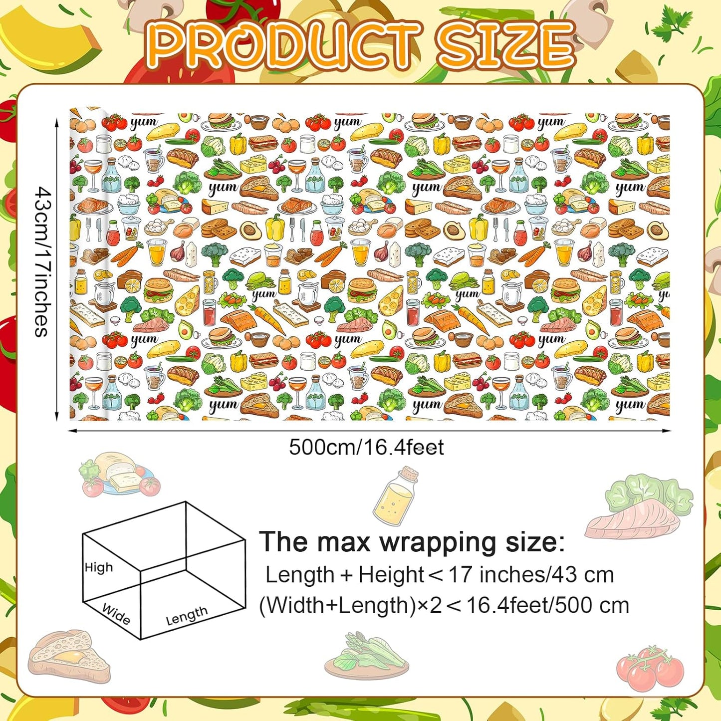 Food Wrapping Paper Roll - 17Inch x16.4Feet - Sandwich Fruit Vegetable Gift Wrap Foodie Gift Packing Paper