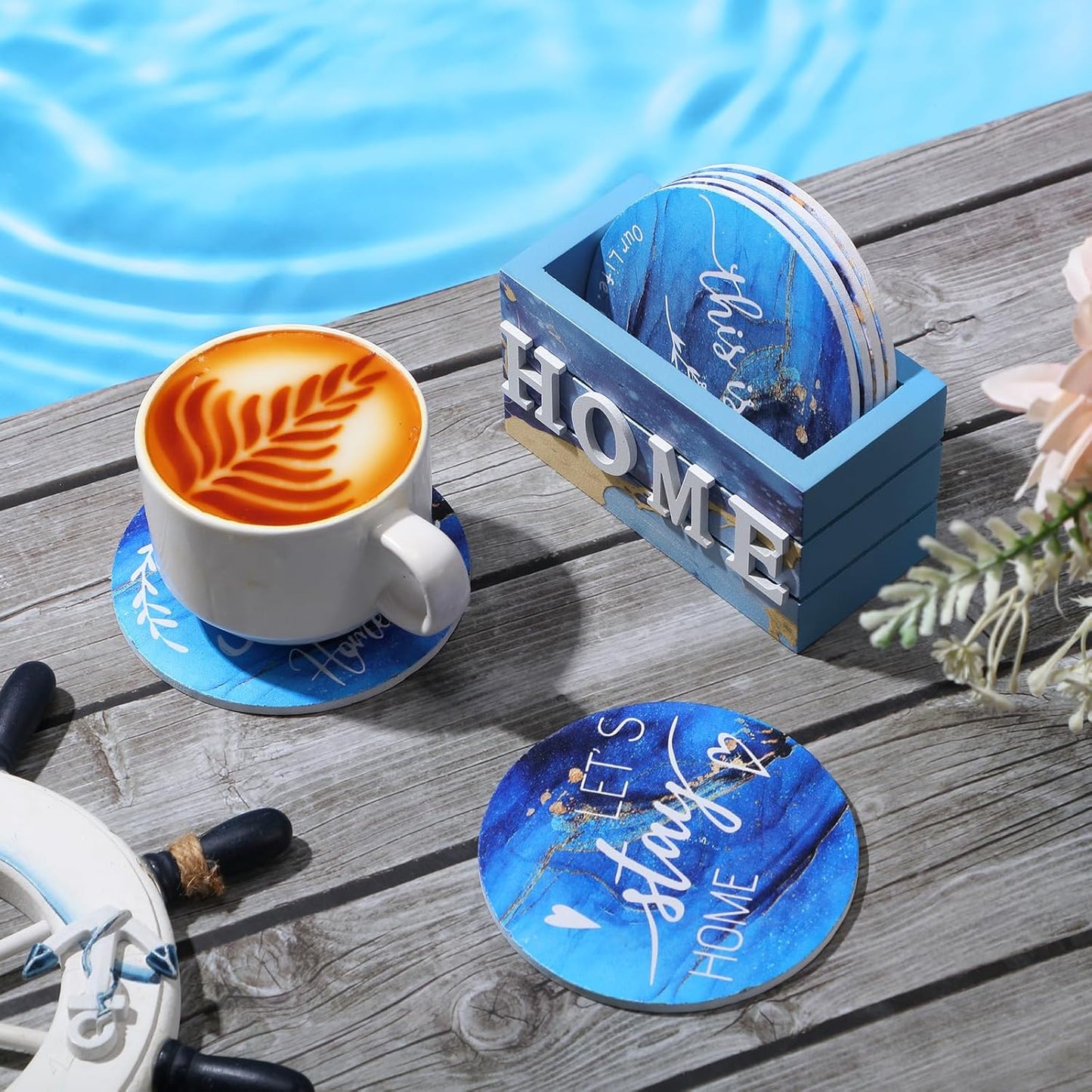 Queekay Housewarming Gifts for Home Decoration Wooden Heart Coasters for Drinks 6 Set Farmhouse Coasters with Holder Funny for Family Coffee Table Protection, 4''(Gilded Blue)