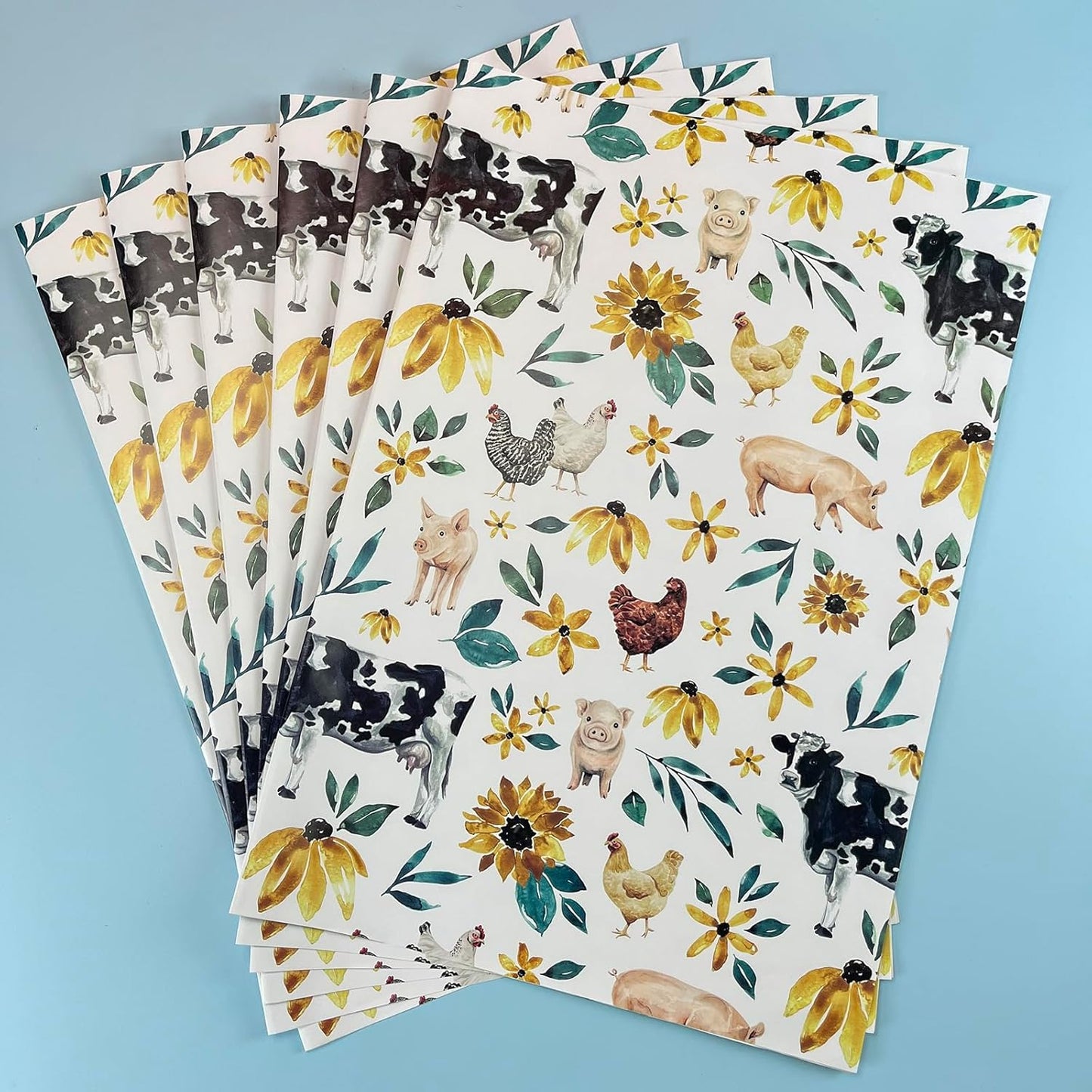 Dtiafu Farmhouse Wrapping Paper Folded Flat Cow Chicken Boho Floral Gift Wrap Bulk Cute Farm Animal Art Paper for Christmas Holiday Birthday - 20 x 28 Inch Per Sheet (6 Sheets)