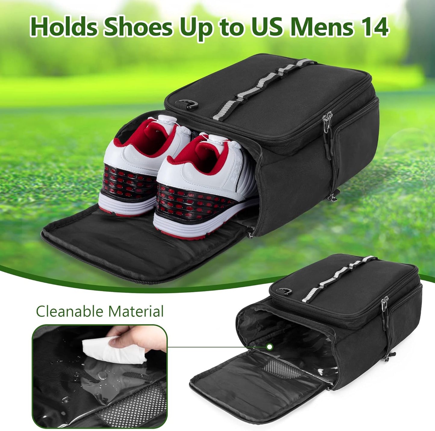 Golf Shoe Bag Holds A Pair of Shoes US Mens 14, Golf Shoe Carrier with Free Gloves Holders (A Pair), Front and Side Accessory Pockets for Tees, Gloves and Ball, Black
