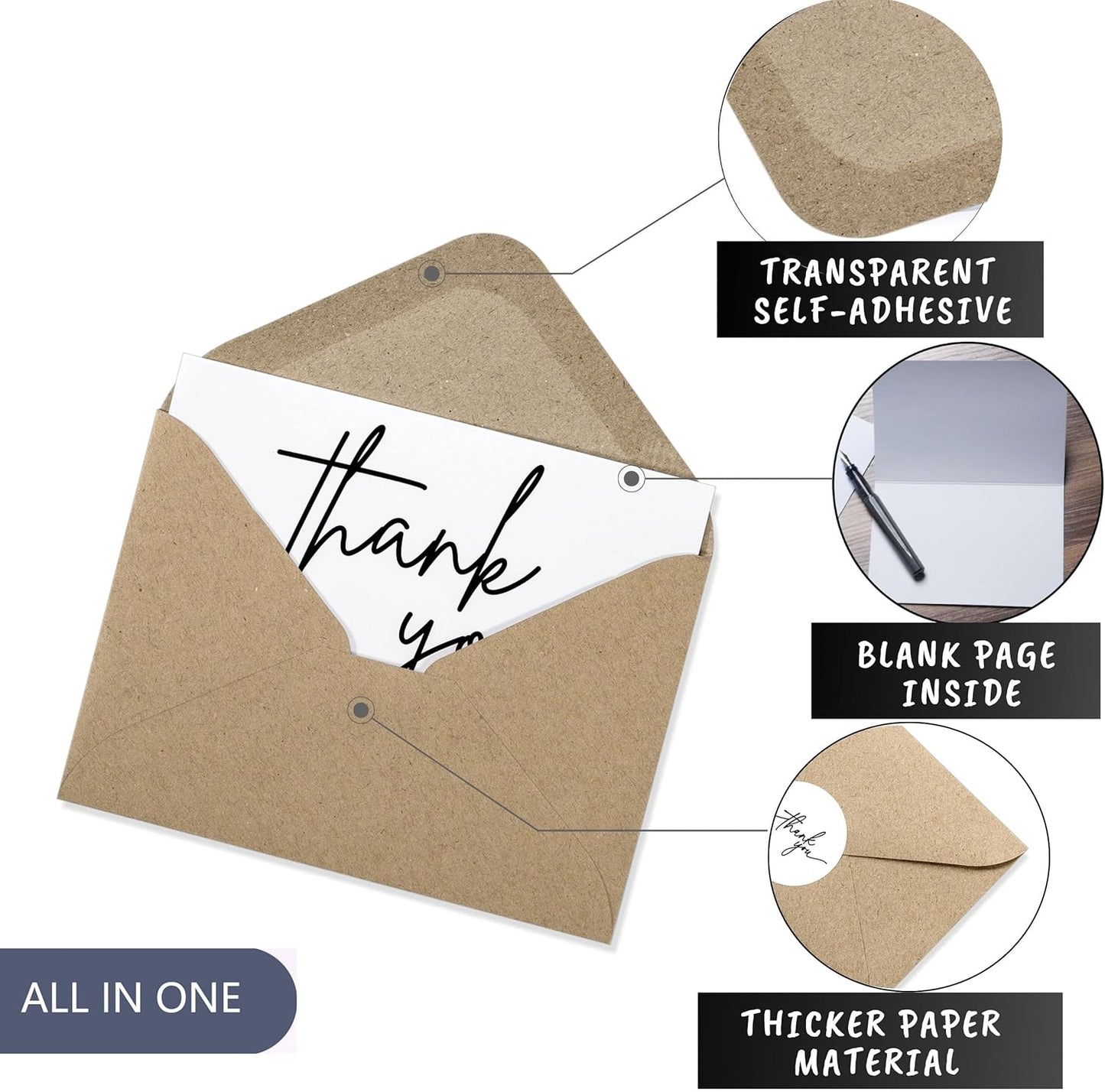 100 Bulk Thank You Cards with Kraft Envelopes and stickers - 4 Minimalistic Designs Blank Thank You Notes with Envelopes for business Wedding Bridal Gift Baby Shower Business Graduation