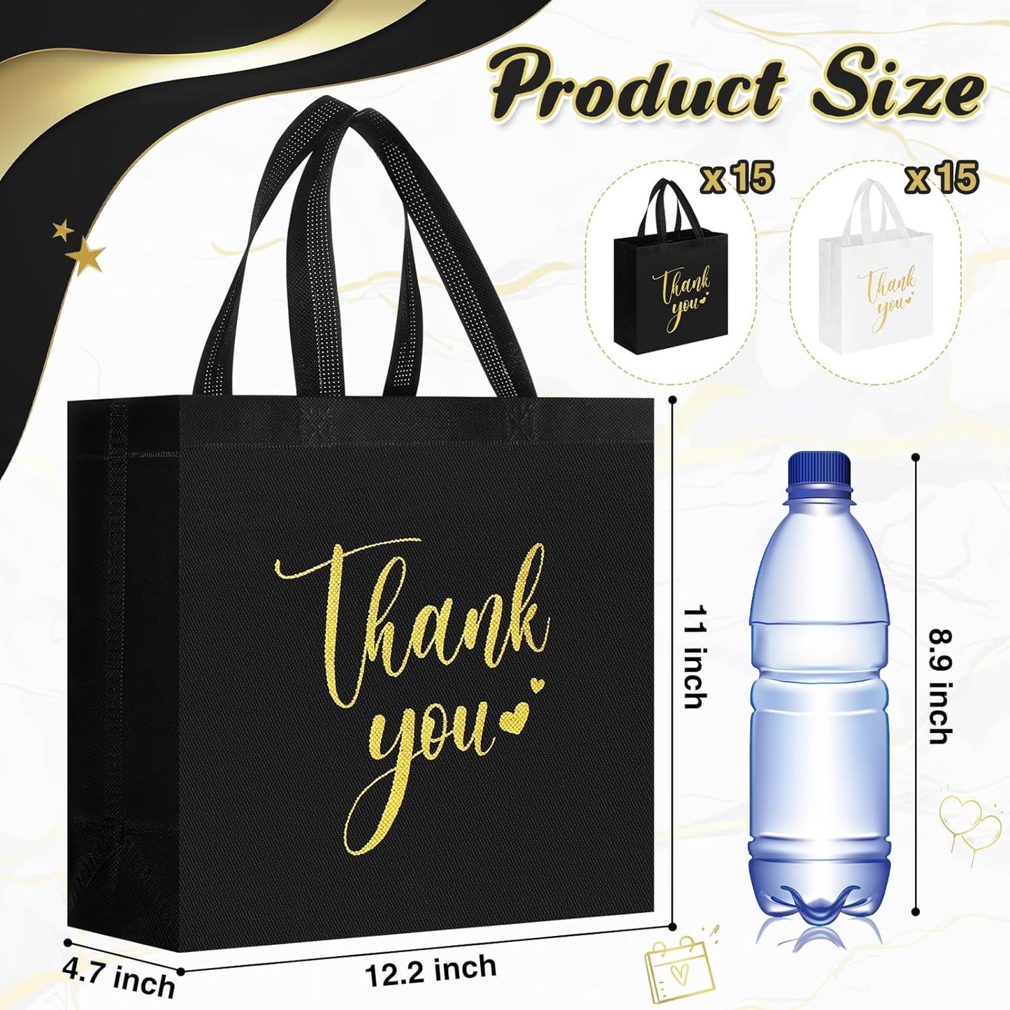 Sweetude 30 Pcs Thank You Gift Bags with Handles Bulk Reusable Goodie Bag Non Woven Foldable Handbag for Graduation Wedding Bridesmaid Gifts(11 x 12 x 5 Inch,Black, White)