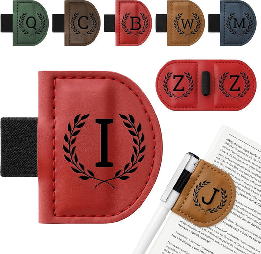 Personalized Bygone Mark Bookmark with Pen Holder,Engraving Leather Magnetic Bookmarks Vintage 26 Letters Name Initials Text Book Marker Clips Gifts for Reading Book Lovers Women (Red, I)