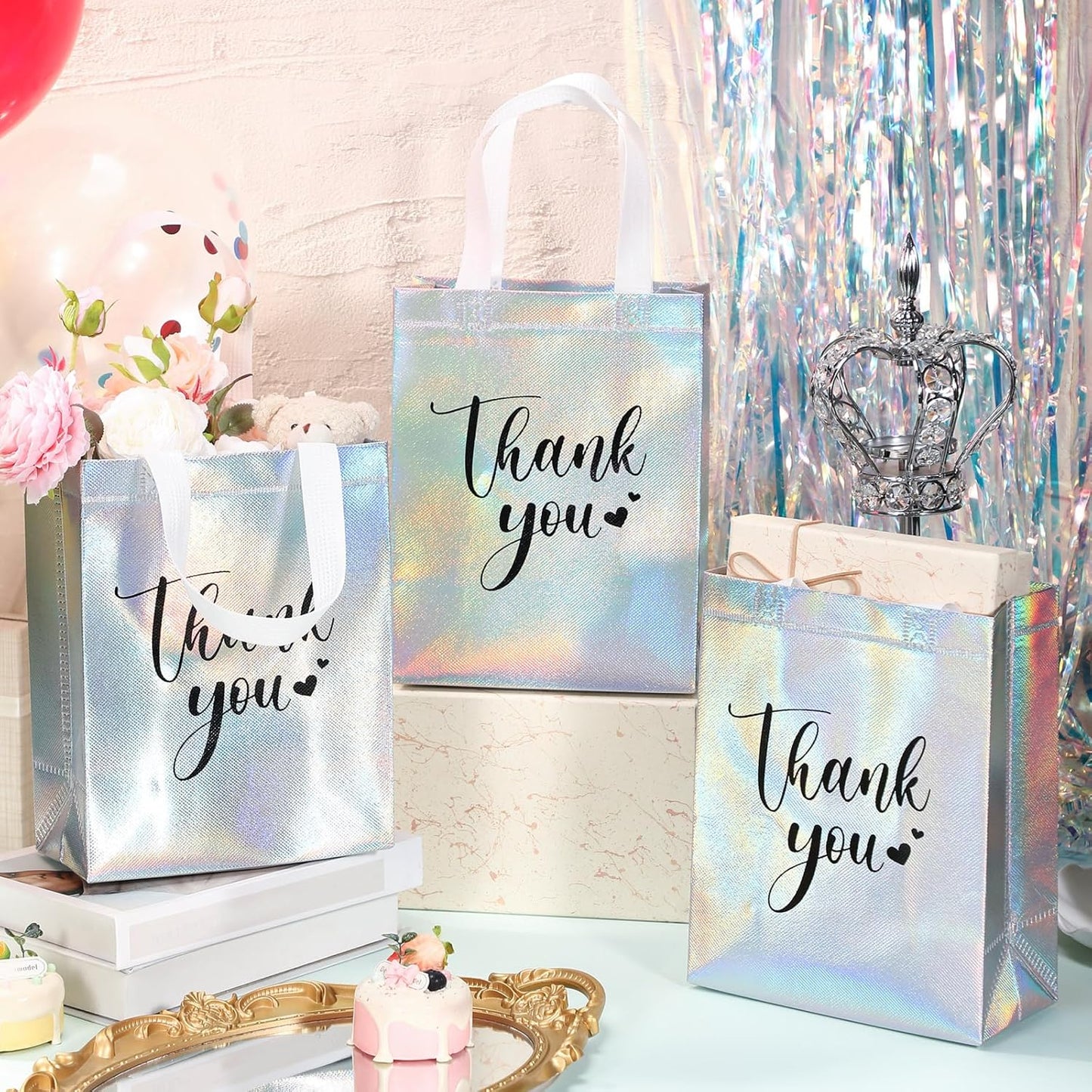 Sweetude 30 Pcs Thank You Gift Bags with Handles Bulk Reusable Goodie Bag Non Woven Foldable Handbag for Graduation Wedding Bridesmaid Gifts(10 x 8 x 4 Inch,Laser)