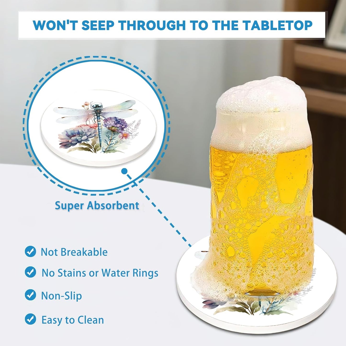 Drinks Coasters Set of 4, Dragonfly Wildflower Round 4" Cup Coasters, Absorbent Ceramic Stone Coasters with Cork Base, Cute Coasters for Table Home Décor, Ideal Gifts for Women Men