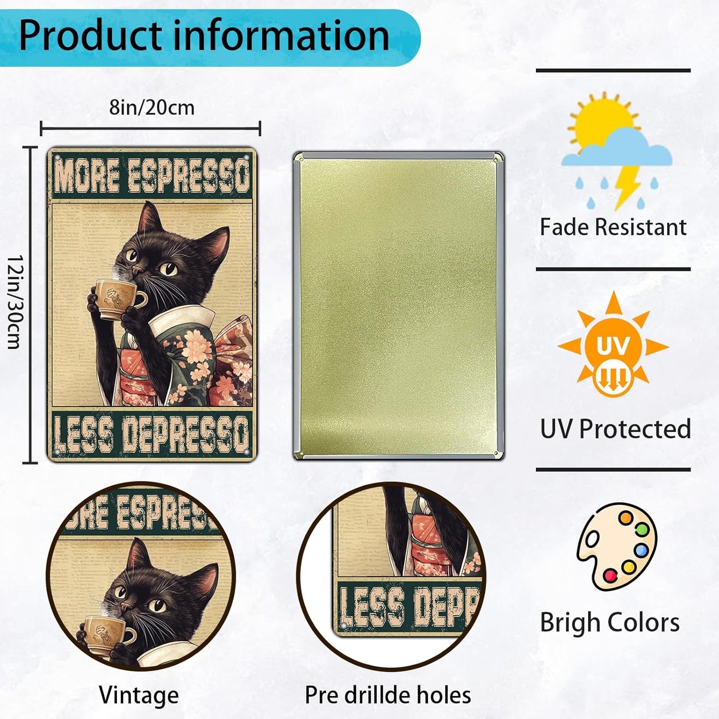 Coffee Cat Metal Posters More Espresso Less Depresso Metal Tin Sign Kimono Cat Bar Pub Sign Poster Home Decor Garage Bar Poster 12x8 Inch