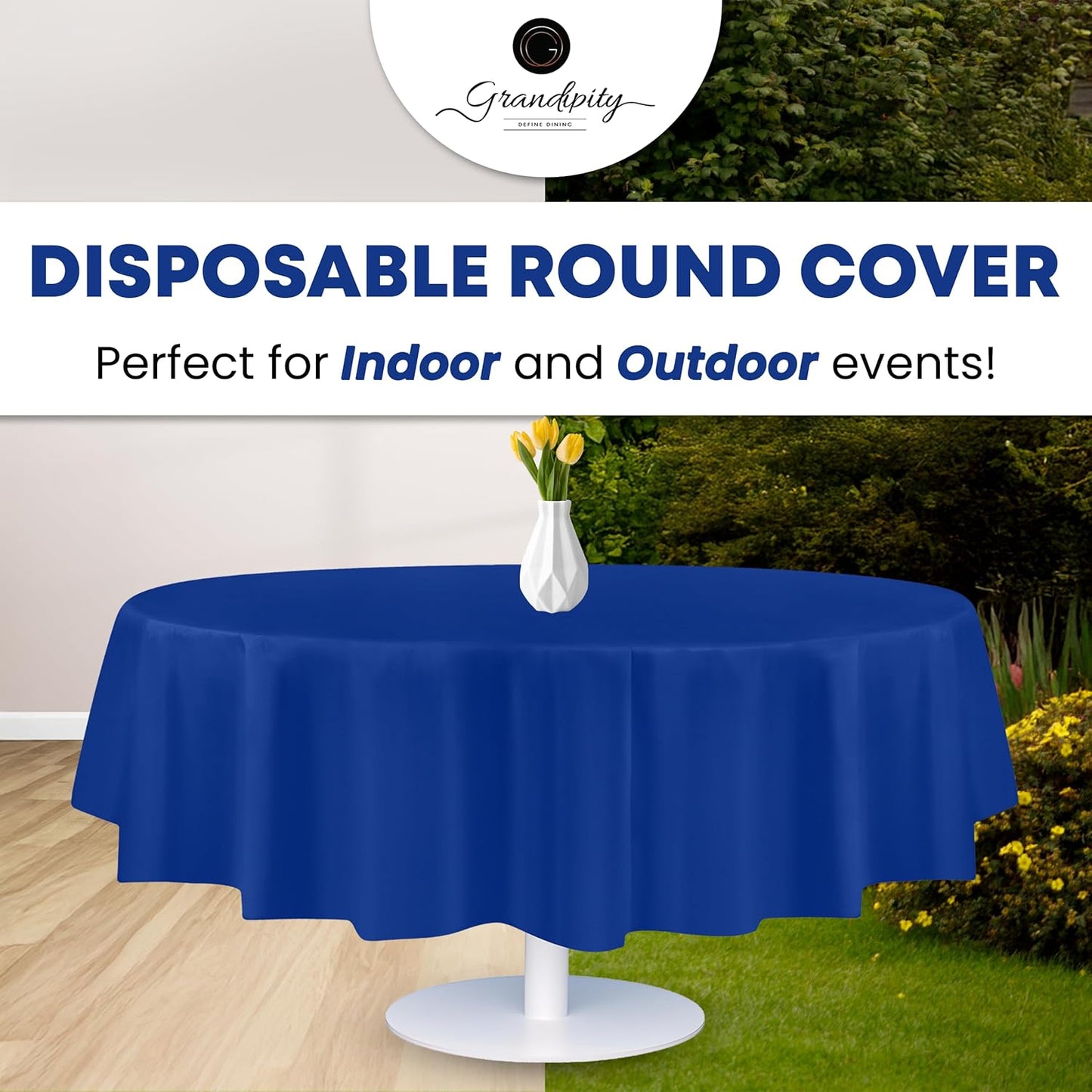 Grandipity 12 Pack Premium Disposable Plastic Tablecloth 84" Inch Decorative Round Table Cover - Blue