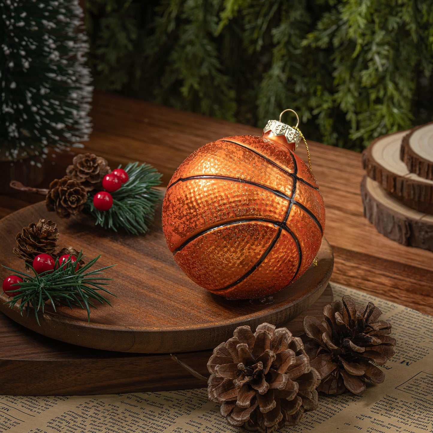 3.15” Christmas Basketball Glass Blown Ornament, 2025 Hand-Painted Sports Ball Decoration for Xmas Tree Holiday Decor Gifts