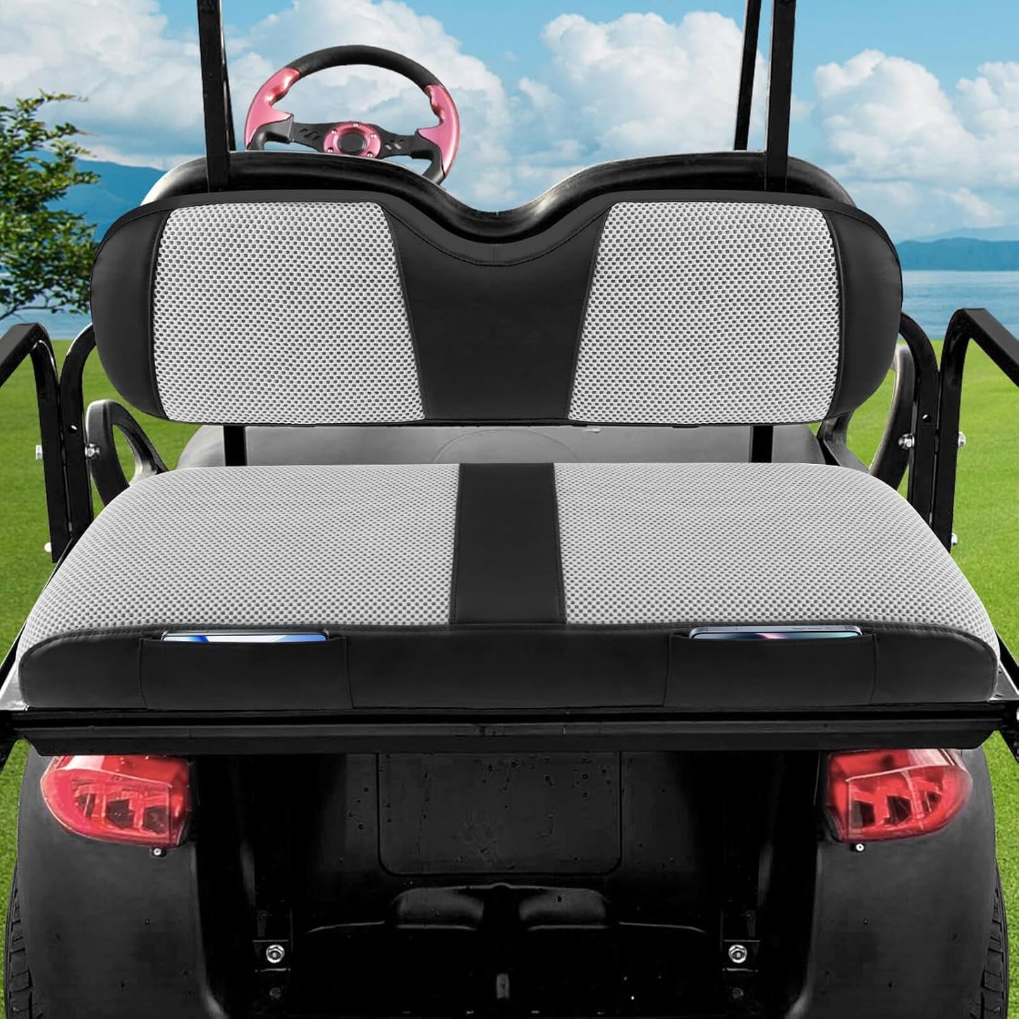MOSNAI Golf Cart Rear Seat Covers for EZGO Club Car Yamaha Aftermarket Rear Seat Cushion, Breathable Comfortable Polyester Mesh Cloth and Leather Combination Appearance