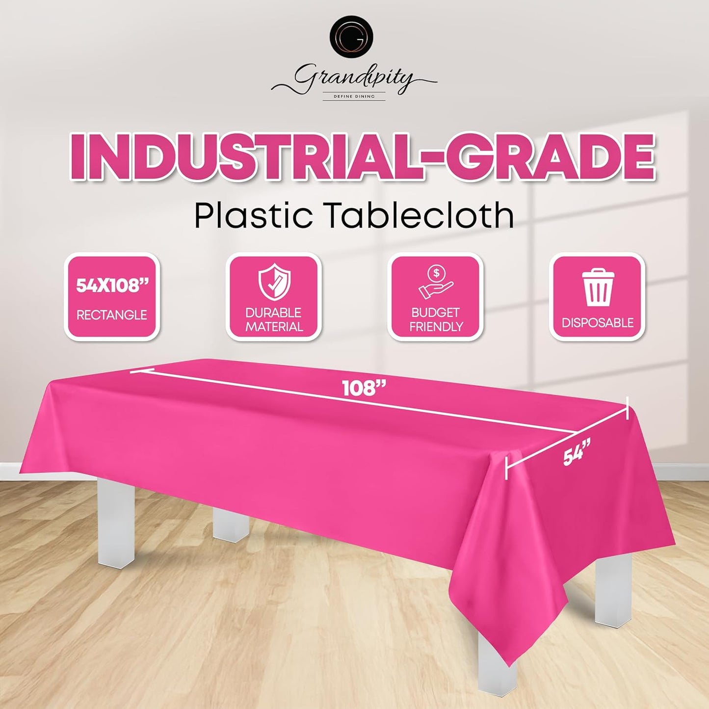 Grandipity 12 Pack Premium Disposable Plastic Tablecloth 54 Inch. x 108 Inch. Decorative Rectangle Table Cover - Hot Pink