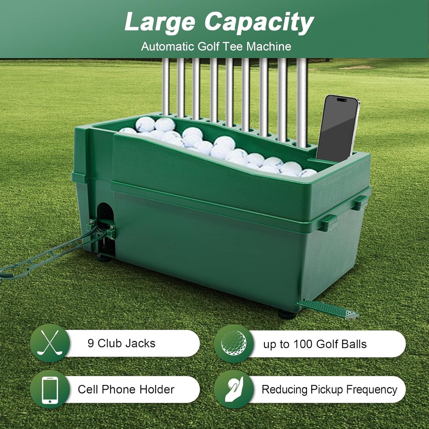 Automatic Golf Tee Machine with 9 Club Slots, Golf Ball Dispenser (Holds 100 Balls), No Electricity Needed – Golf Training & Practice Pitching Aid with 3 Batting Stands