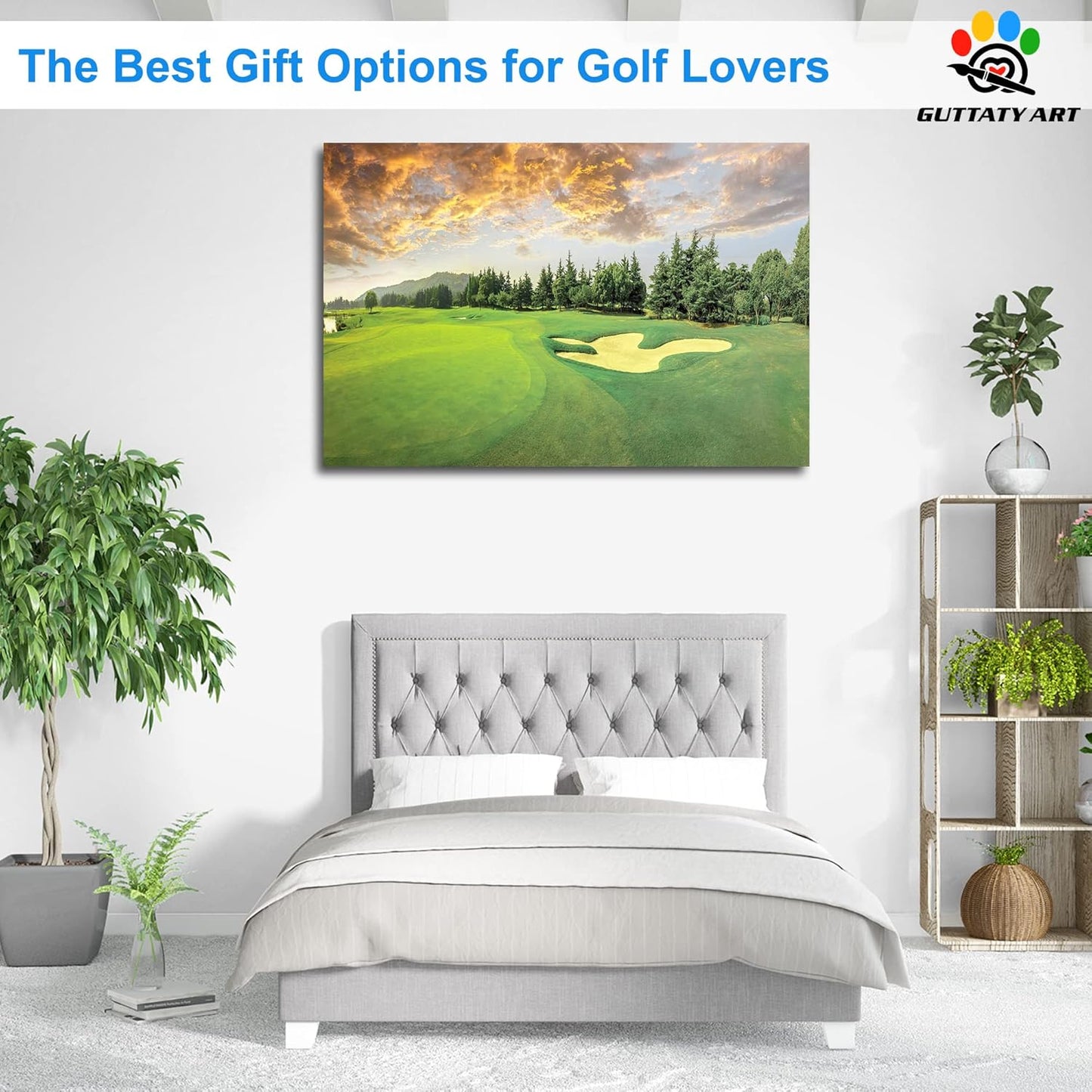 Golf Canvas Wall Art, Green Golf Course Wall Art Painting Prints for Living Room Wall Decor, Sunset Golf Sport Poster Picture for Bedroom Decor, Framed Artwork for Office Home Decoration 32x48 Inches