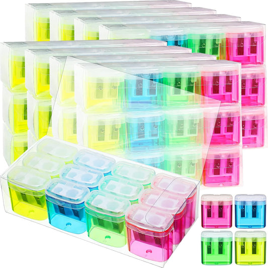 Teling 144 Pcs Manual Pencil Sharpeners Bulk Handheld Dual Holes Pencil Sharpeners for Kids Colorful Portable Compact Sharpener with Lid for Students School Class Home Office Supply