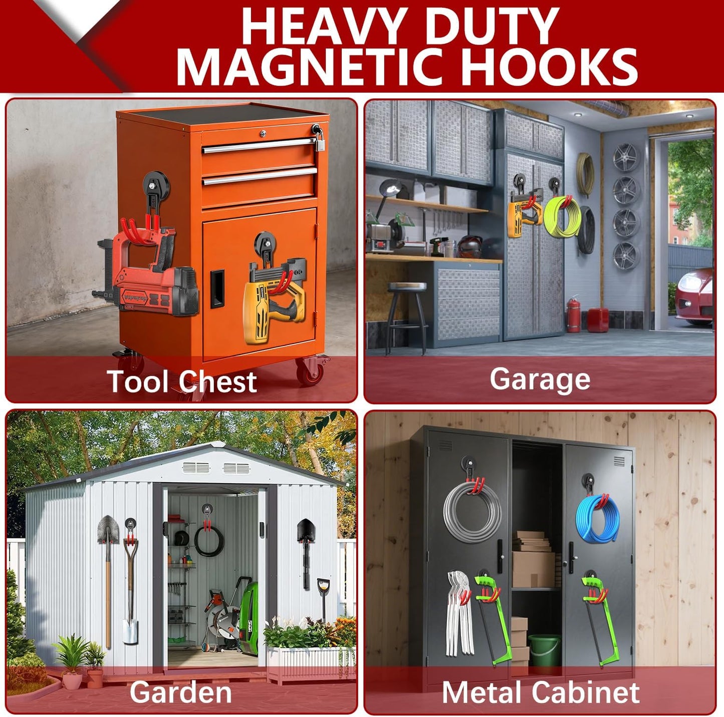 3-H Heavy Duty Magnet Garage Hooks 4 Pack, J Shape Strong Magnetic Hooks for Hanging Cordless Power Drill, Utility Magnetic Tool Holder for Metal Cabinet, Steel Pegboard, Toolbox, Garage(Red)