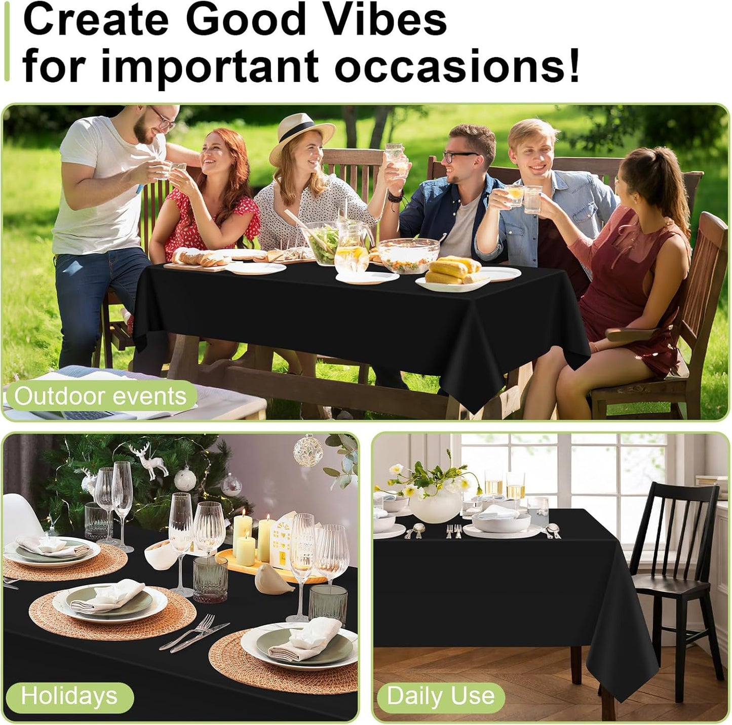 QIKSION Plastic Table Cloth Disposable 12 Pack, 54 x 108 Inch Tablecloths for Rectangle Tables, Black Plastic Table Cover