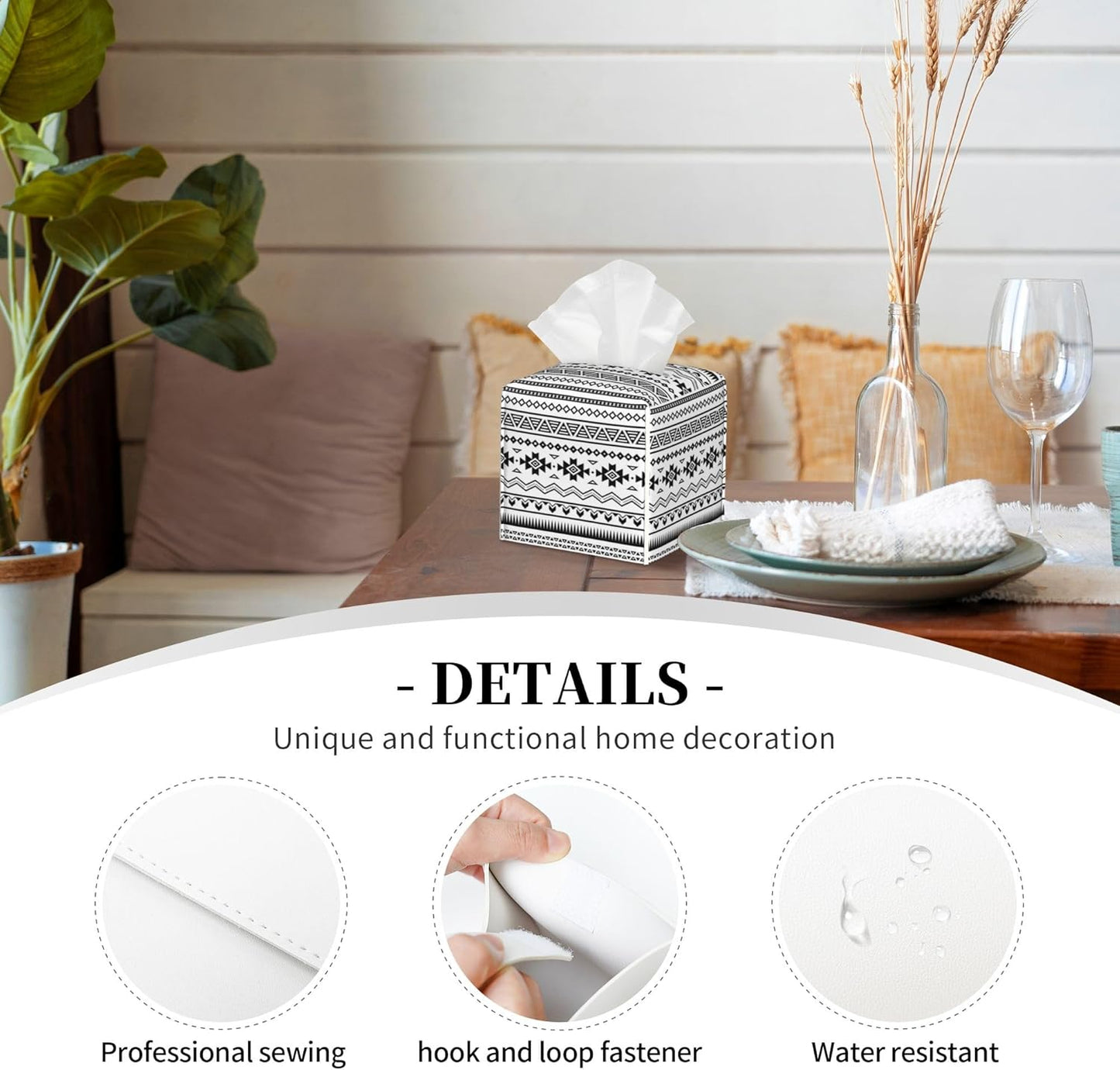 Boho Black White Geometric Tissue Box Cover Square,Abstract Tribal Symbol Tissue Box Holder Waterproof Leather Facial Paper Organizer Dispenser for Bathroom Home Car Nightstand Vanity Desk