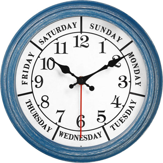 JENLYSTIME 12 Inch Retro Wall Clock,Classic Day of The Week Wall Clock,Silent Non Ticking Battery Operated Movement(Blue)