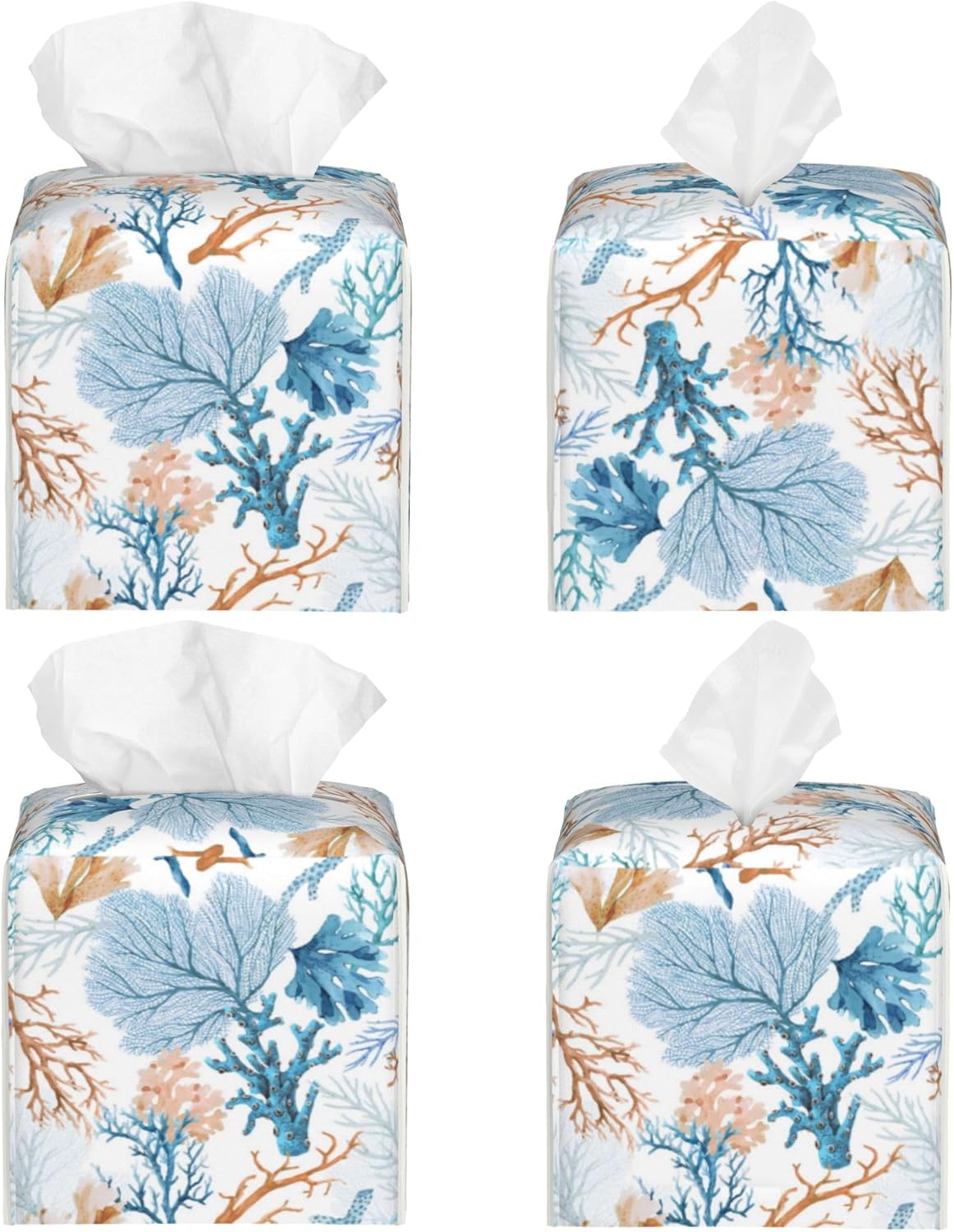 Tissue Box Holder Watercolor Blue Corals Tissue Box Cover Square Leather Tissue Holder Organizer Portable Decorative Facial Paper Case for Home Office Bathroom Vanity Countertop