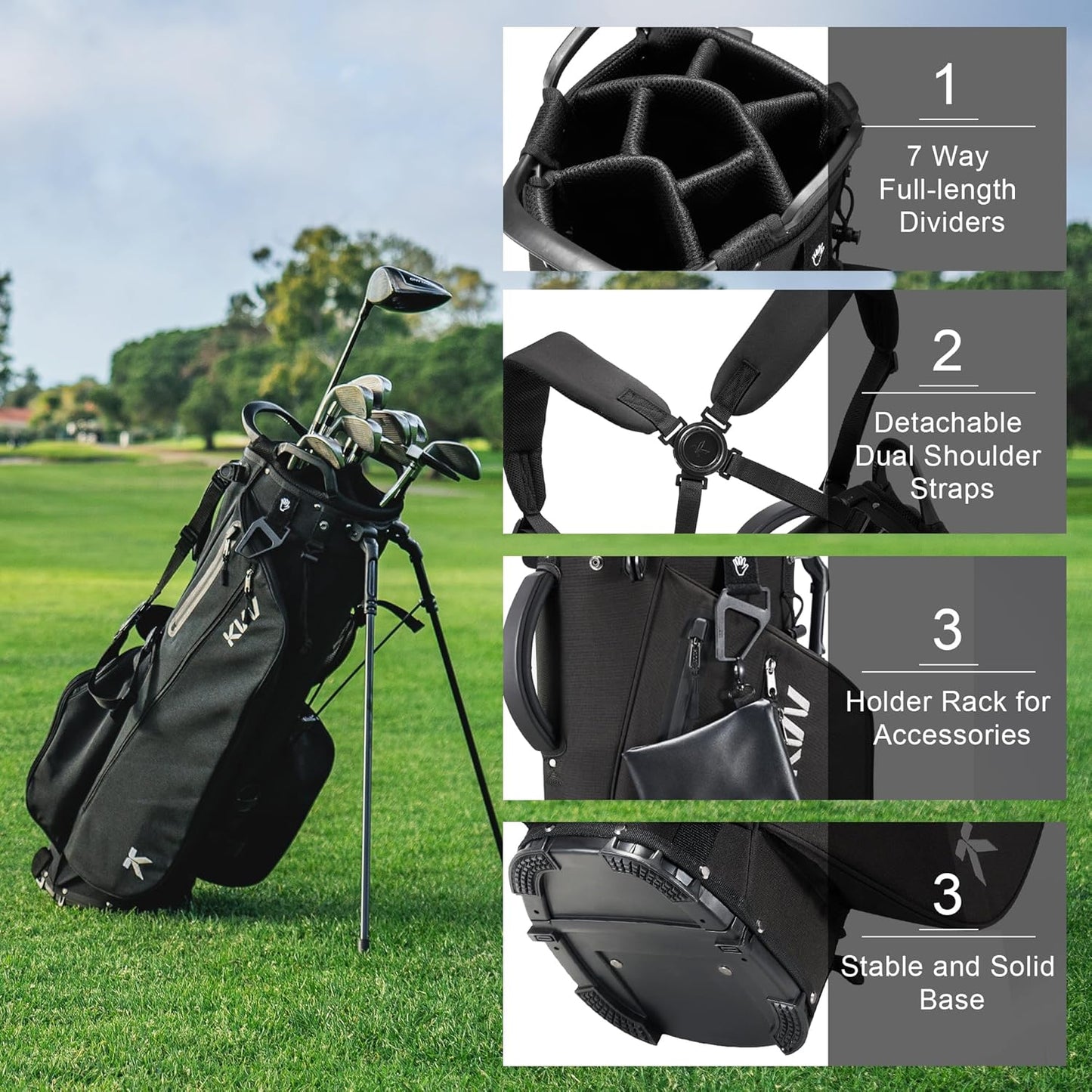 KVV Lightweight Golf Stand Bag with 7 Way Full-Length Dividers, 5 Zippered Pockets, Automatically Adjustable Dual Straps，Elegant Design