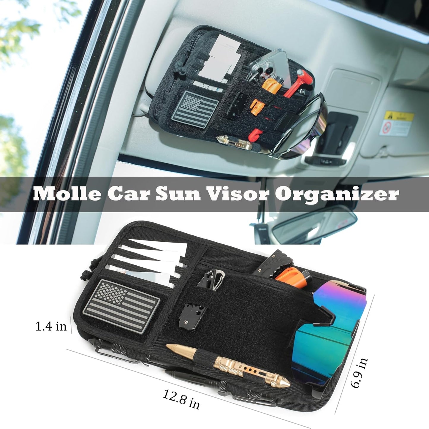 Heavy Duty Molle Car Sun Visor Organizer - Tactical Car Accessories with Zipper Visor Storage Pouch,Glasses Clip and Card Sleeve Pocket, Multi-Pocket Visor Organizer Storage Pouch for Cars SUVs Trucks