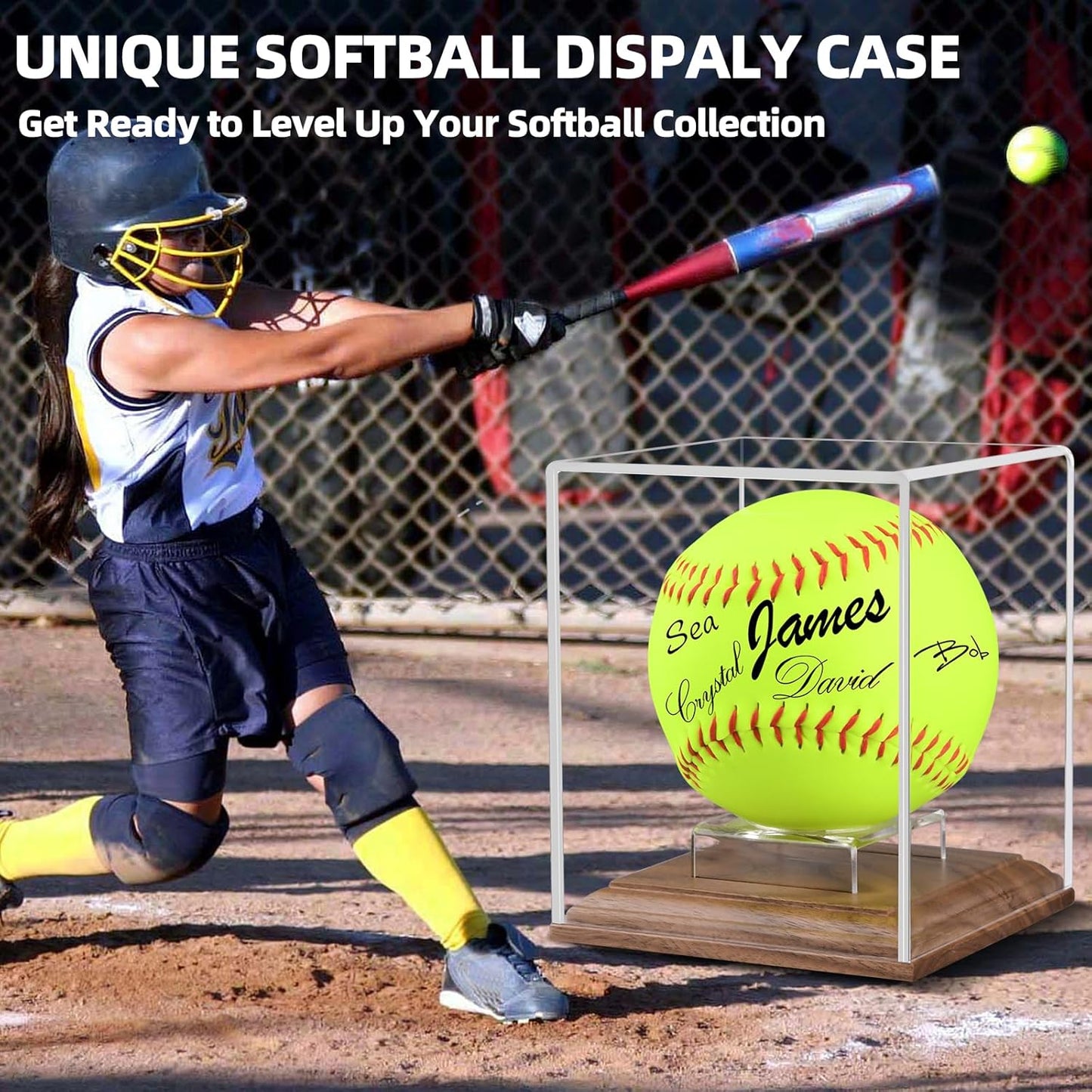 Softball Display Case Walnut Wood Base Acrylic Softball Case Display For Balls Uv Protection Softball Holder Cube Box Stand Memorabilia Autograph Ball, Ideal Gift For Official Size Single Ball Display