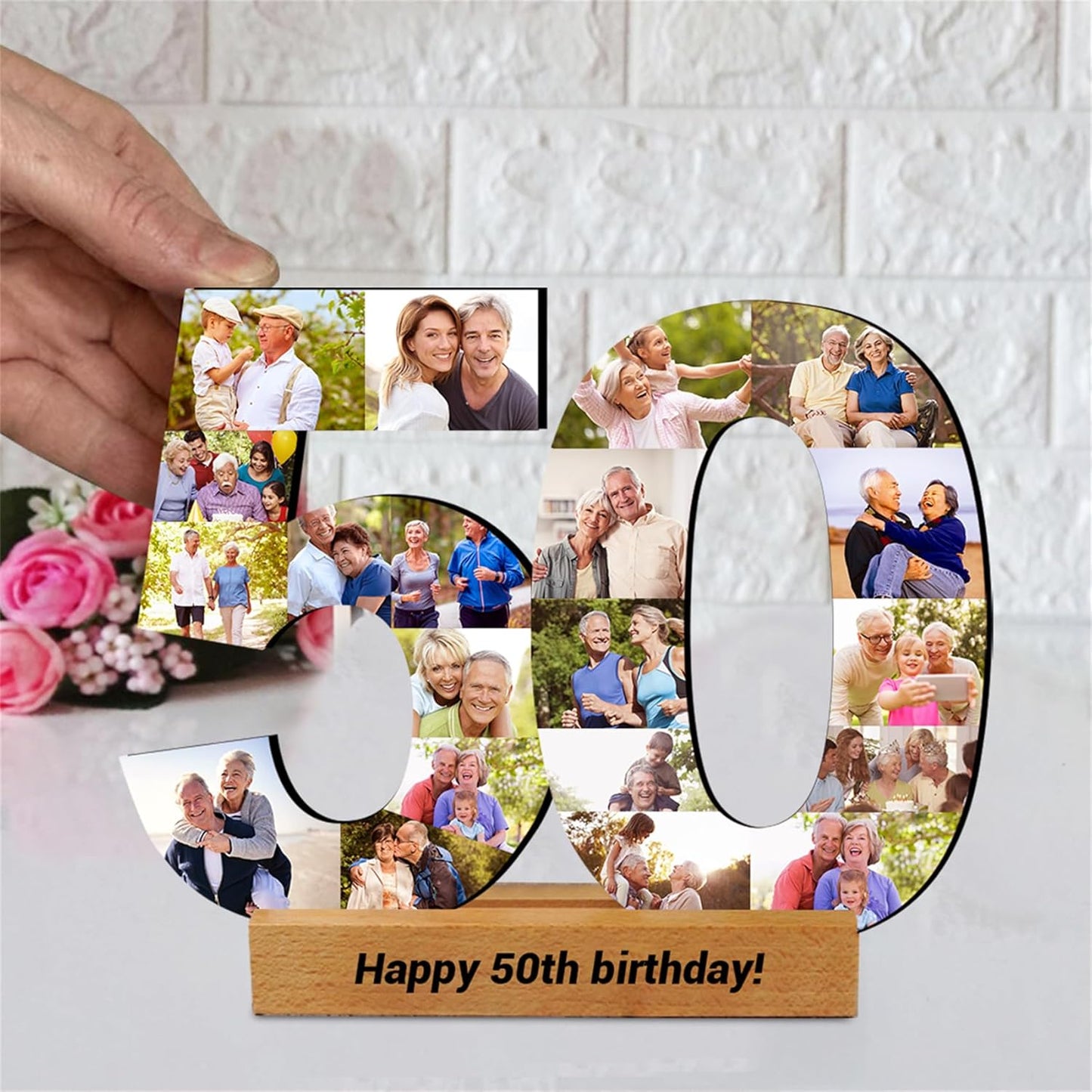 Personalized 16th Birthday Photo Frame Sign with 1-20 Picture Custom 50th Anniversary Picture Plaque Numbered Photo Collage 60 Anniversary Frame 18th Birthday Photo Sign,Wooden Base Birthday Frame