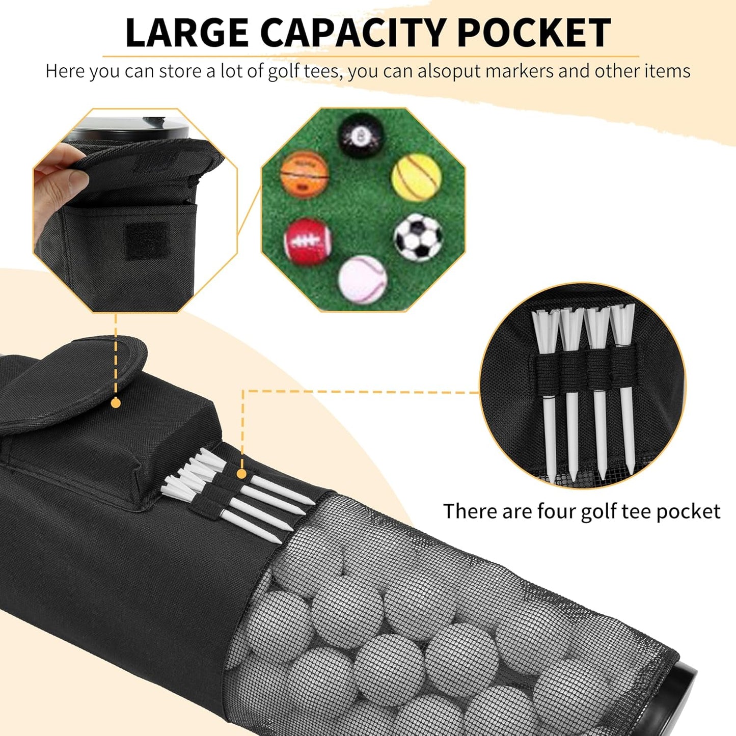 AKOZLIN Golf Ball Retriever Portable Shag Bag Golf Ball Pick Up Collector with Detachable Aluminum Tube Tee Holder, Pocket Shagger Storage