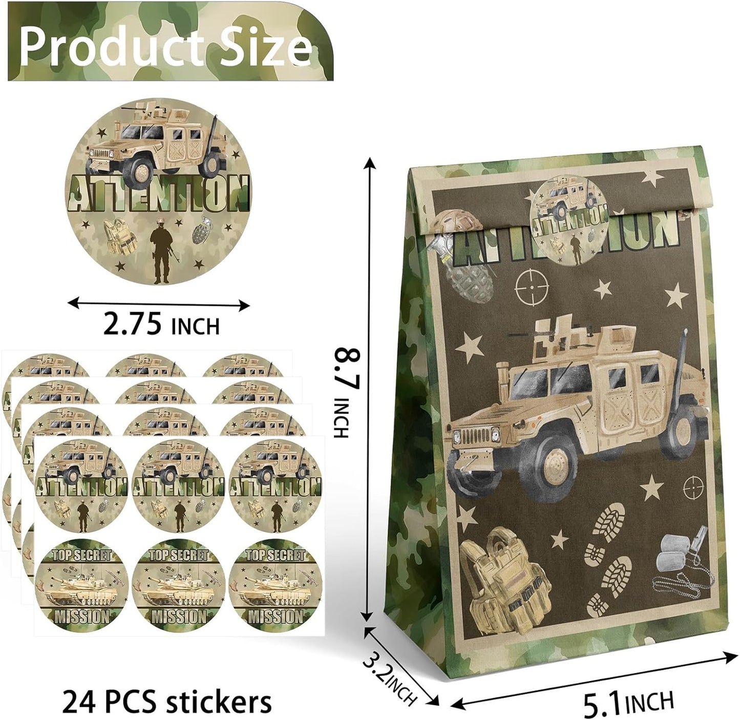 Army Party Favor Bags – 24 Pcs Camouflage Gift Bags with 4 Designs, Military Party Supplies for Kids Birthday Decorations and Tough Mission Theme Goodie Bags