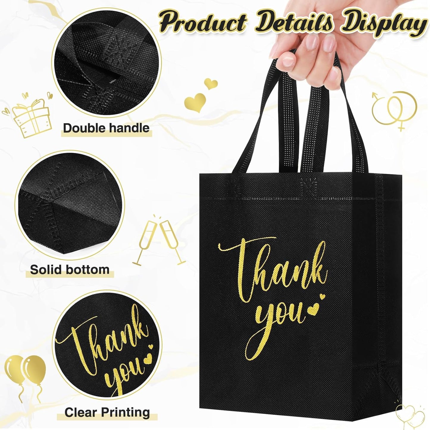 Sweetude 30 Pcs Thank You Gift Bags with Handles Bulk Reusable Goodie Bag Non Woven Foldable Handbag for Graduation Wedding Bridesmaid Gifts(10 x 8 x 4 Inch,Black)