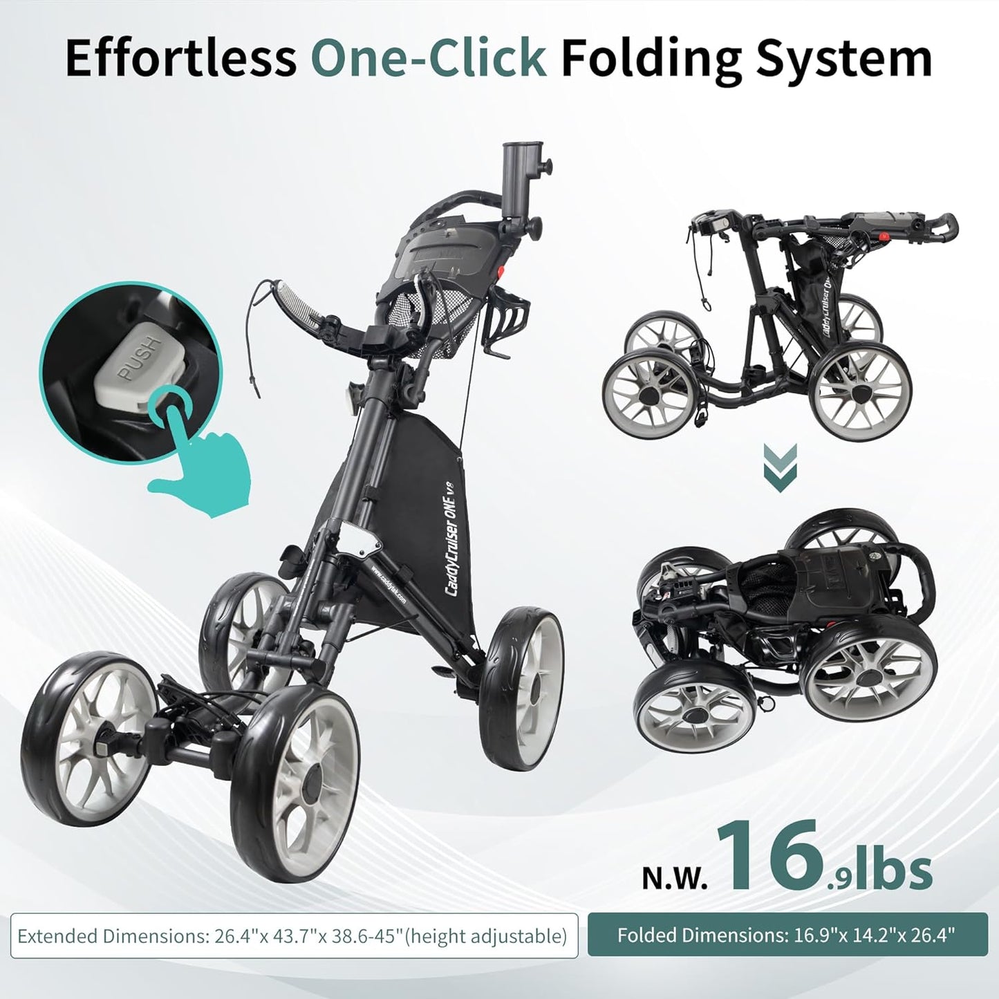 CaddyTek 4 Wheel Golf Push Cart - Caddycruiser One Version 8 1-Click Folding Trolley - Lightweight, Compact Pull Caddy Cart, Easy to Open