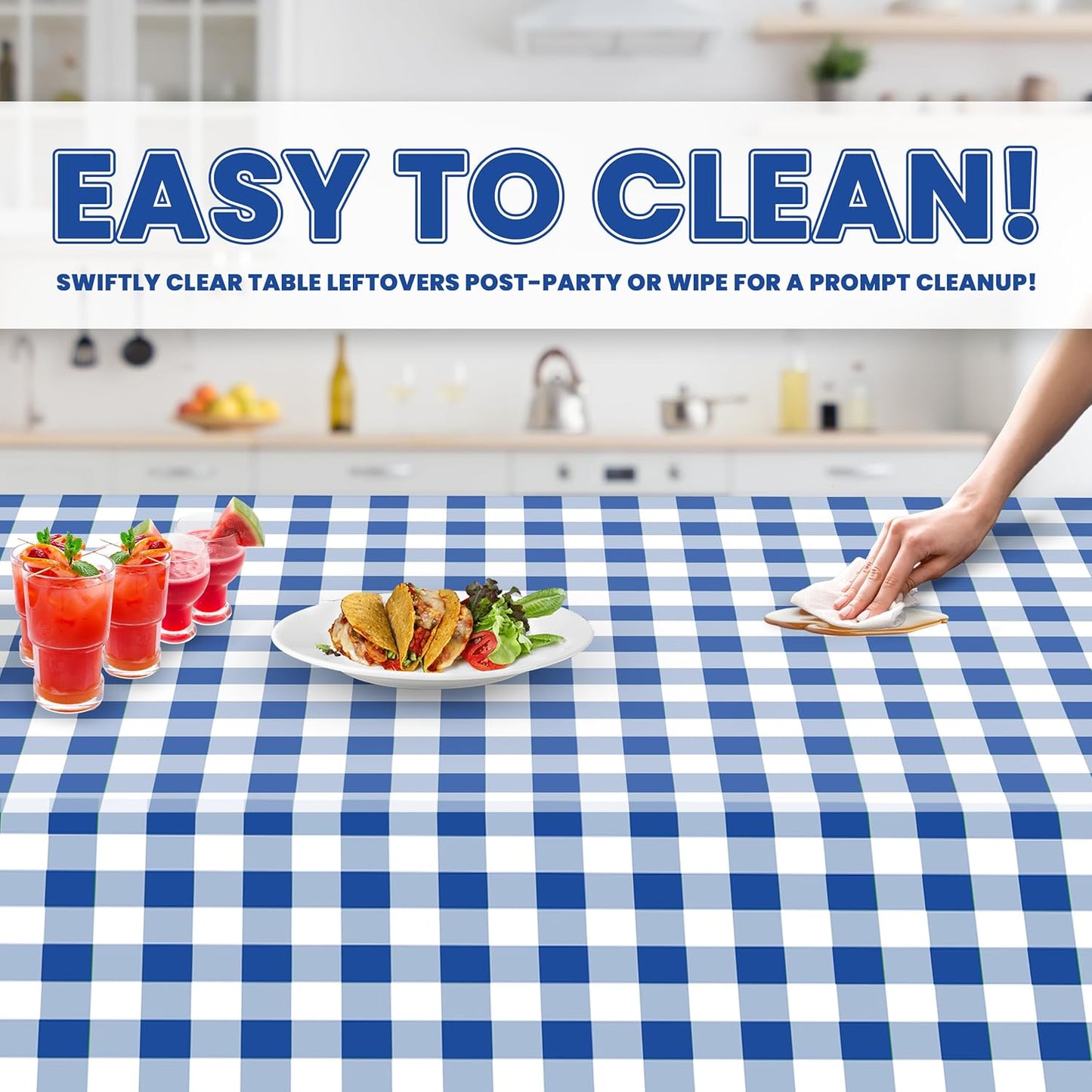 Grandipity 12 Pack Premium Disposable Plastic Picnic Tablecloth 54 Inch. x 108 Inch. Decorative Rectangle Table Cover - Blue Checkered Gingham