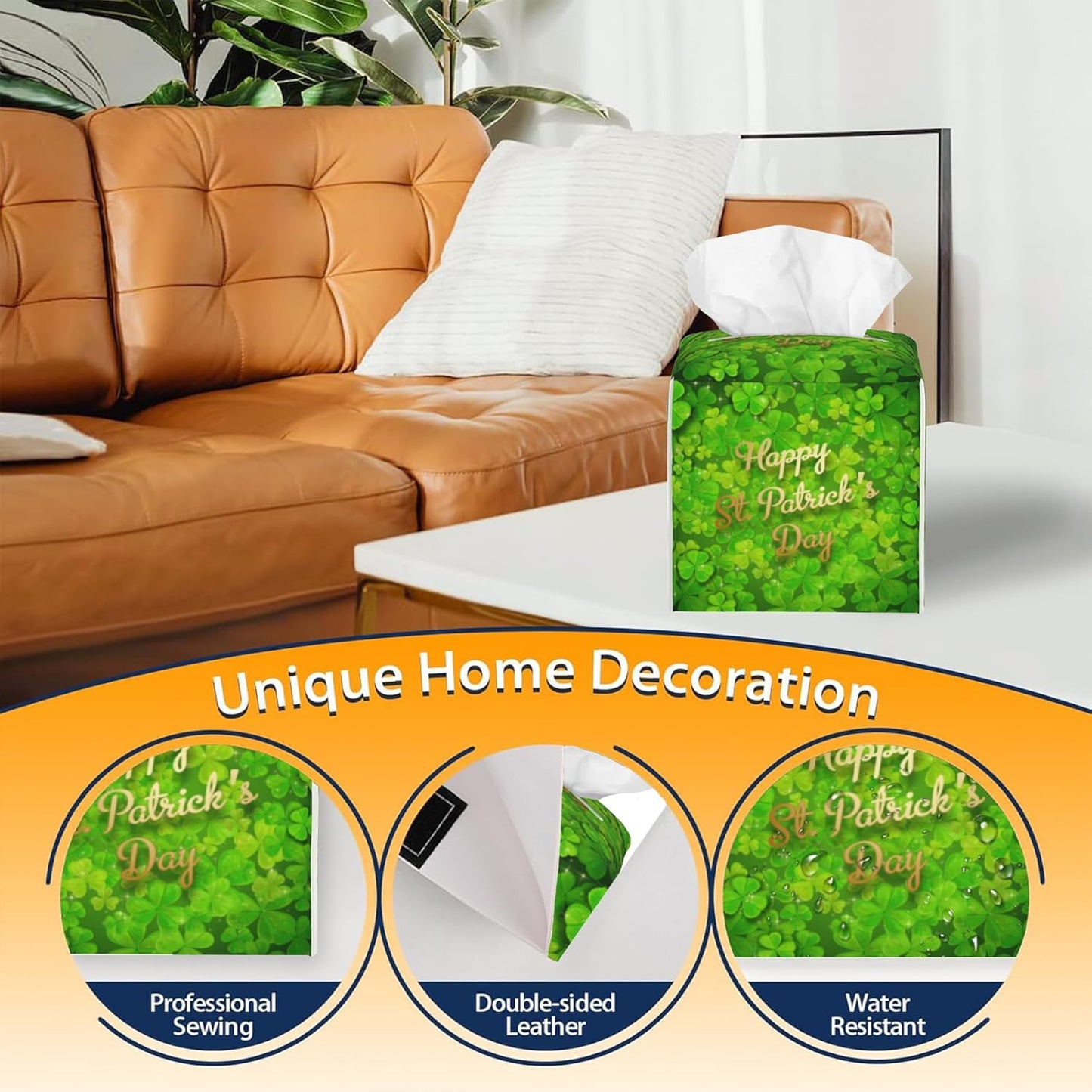 Tissue Box Cover Square,Happy St.Patrick's Day Tissue Box Holder Waterproof Leather Facial Paper Case Modern Home Decoration for Bedroom Dresser Night Stand Office Desk