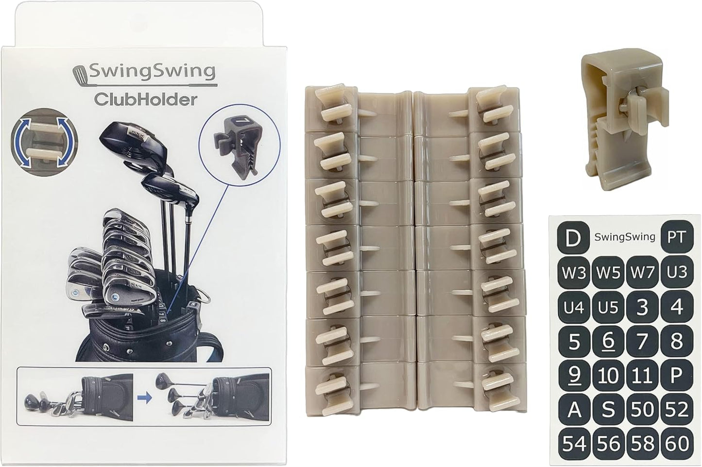 SwingSwing Premium Golf Club Holder Club Organizing Clips | 14 Clips Set with Identifying Numbered Stickers | Swivel Action Golf Club Clips for Golf Bags | Club Damage Protection, Grey